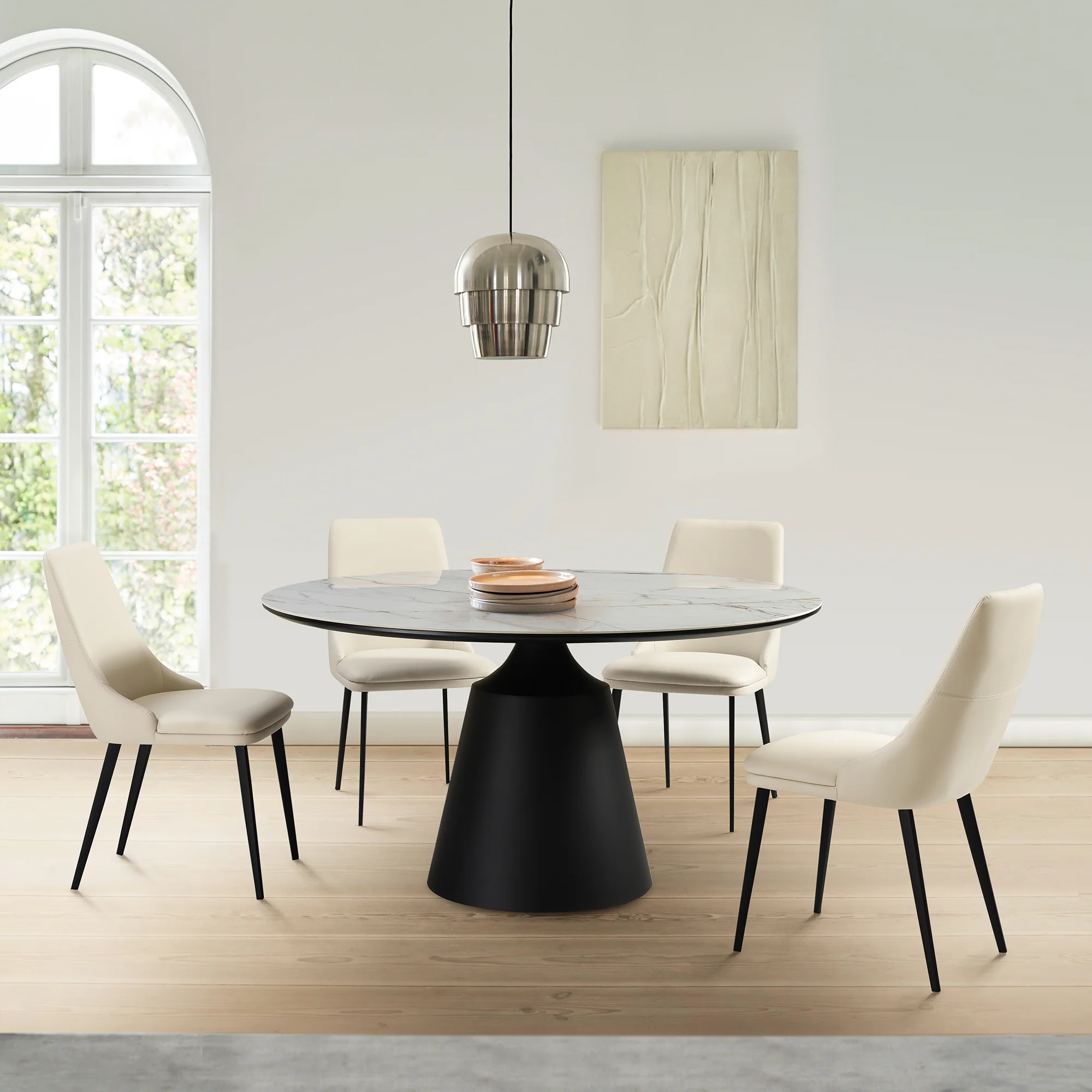 Knox Genesis 5 Piece Dining Set with Stone Top and Beige Faux Leather Chairs By Armen Living