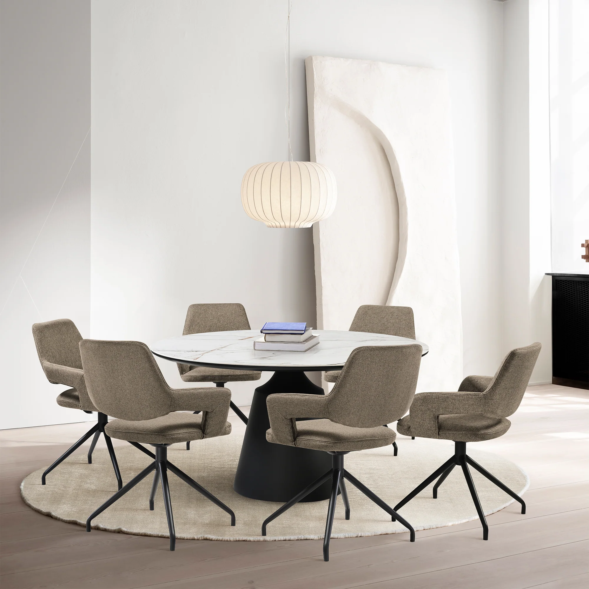 Knox Penny 7 Piece Dining Set with Stone Top and Brown Fabric Chairs By Armen Living