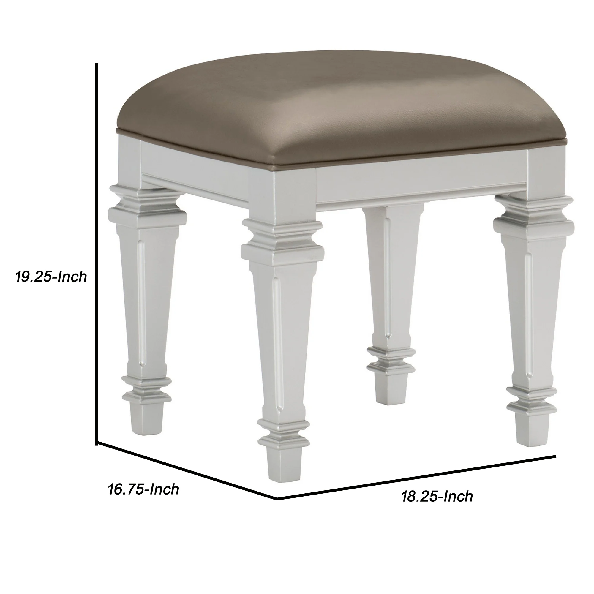 Leatherette Padded Vanity Stool With Tapered Legs And Molded Detail, Silver By Benzara - Image 2