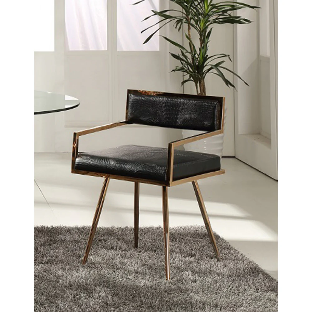 Leatherette Upholstered Metal Dining Chair with Splayed Legs, Black and Gold By Benzara