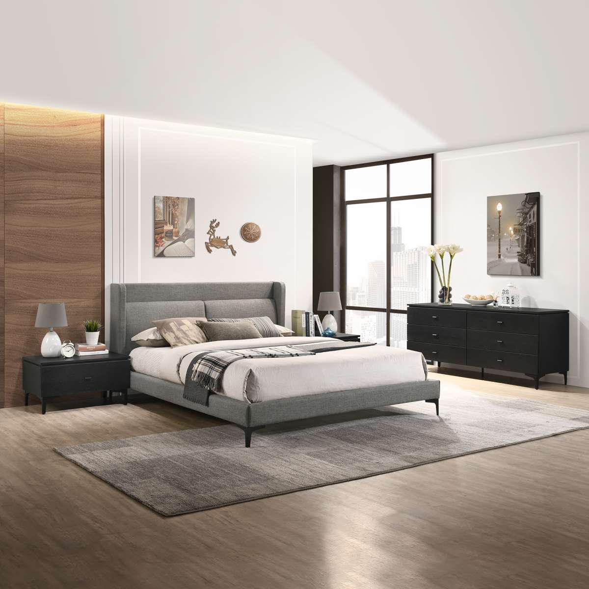 Legend 4 Piece Gray Fabric Queen Platform Bedroom Set with Dresser and Nightstands By Armen Living