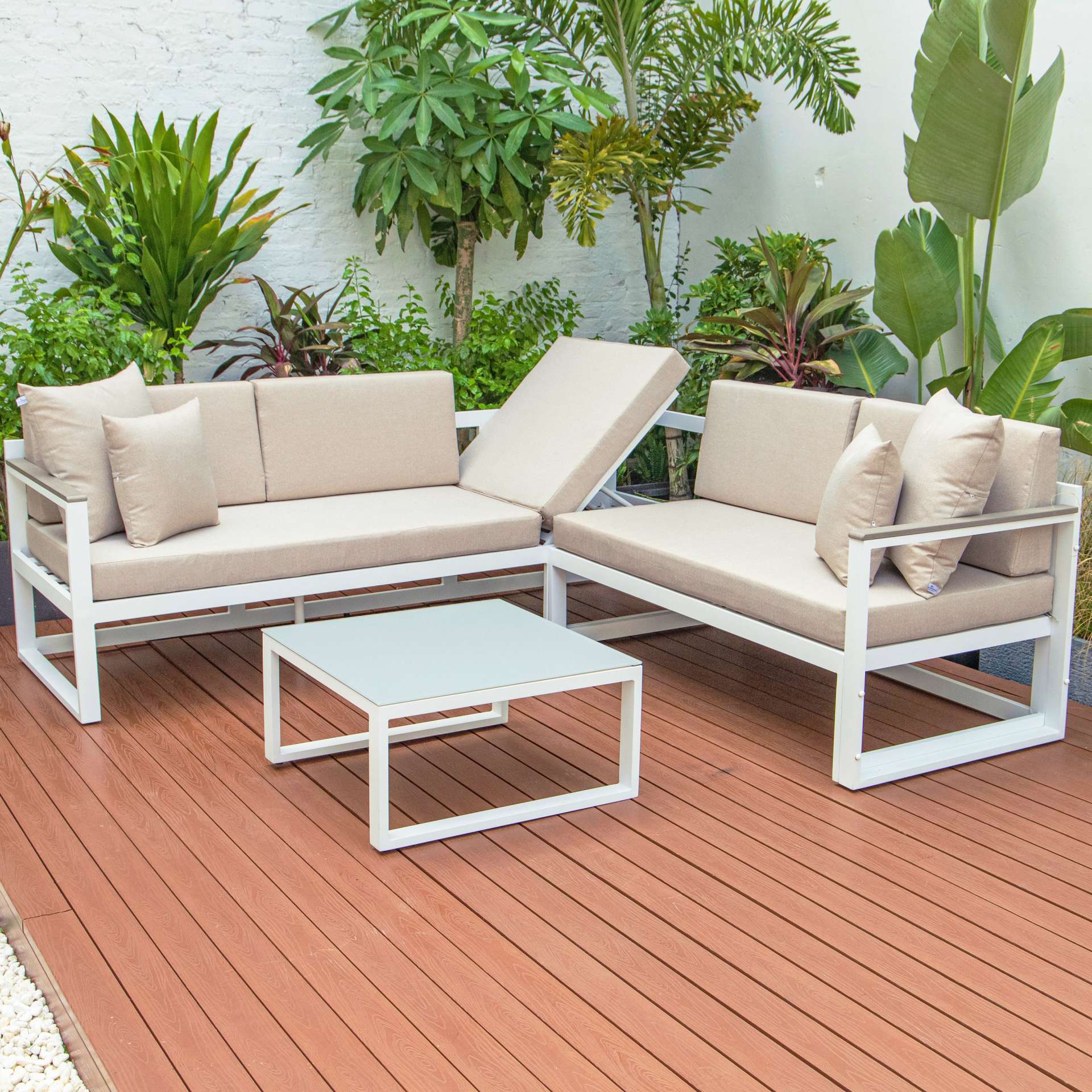 LeisureMod Chelsea White Sectional With Adjustable Headrest & Coffee Table With Cushions - Image 3