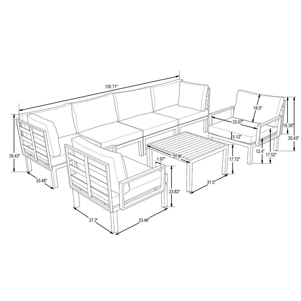LeisureMod Hamilton 7-Piece Aluminum Patio Conversation Set With Coffee Table And Cushions - Image 87