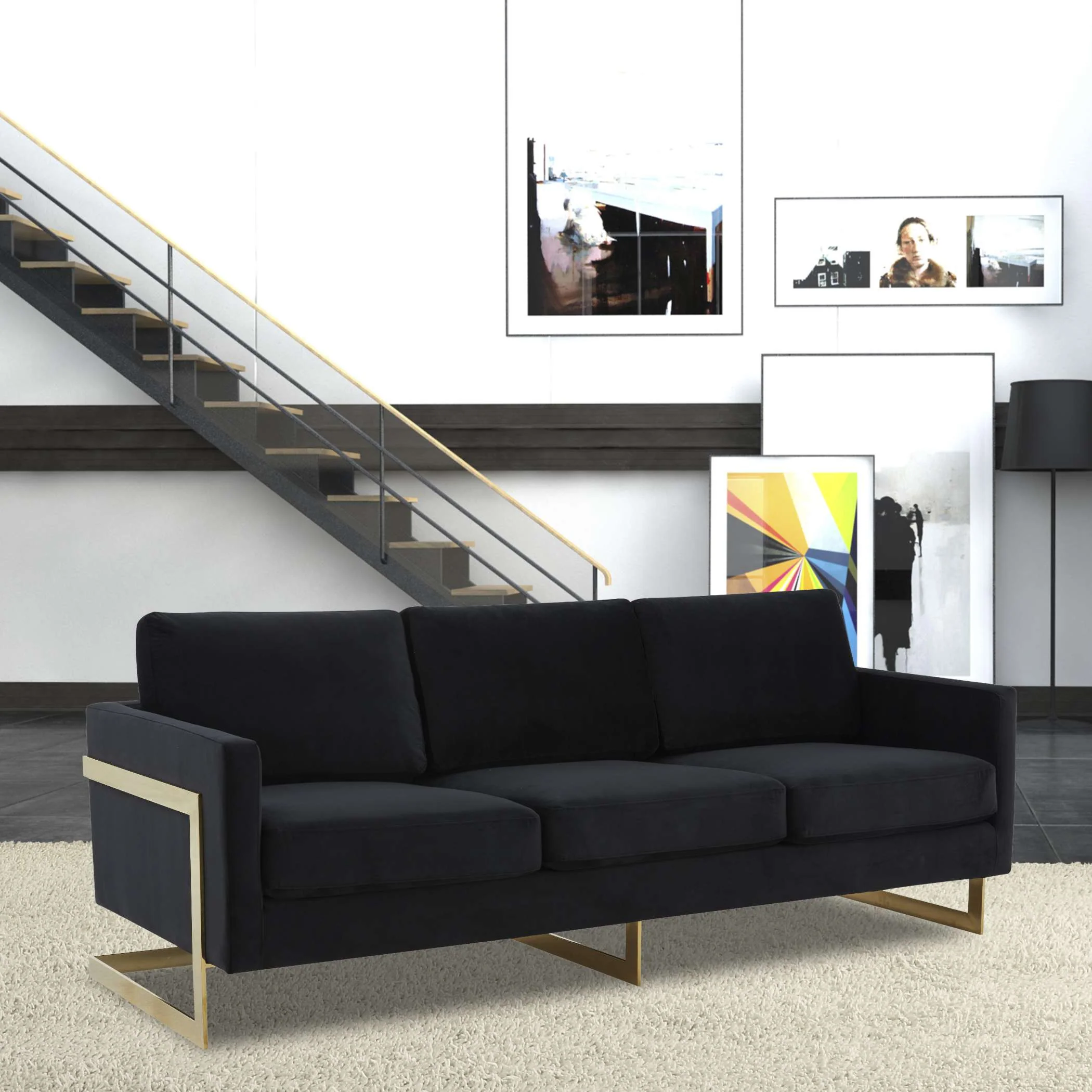 LeisureMod Lincoln Modern Mid-Century Upholstered Velvet Sofa with Gold Frame