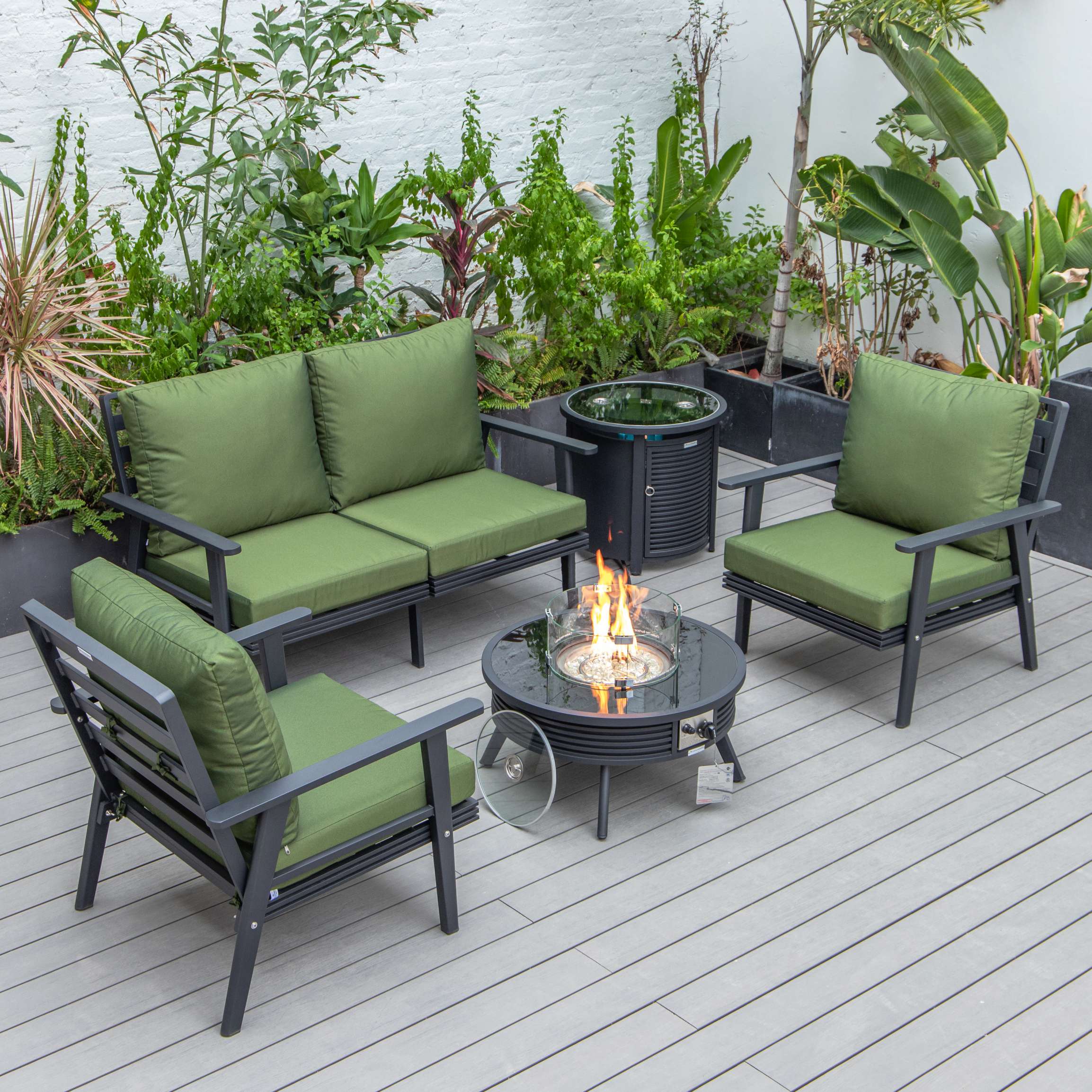 LeisureMod Walbrooke Modern Black Patio Conversation With Round Fire Pit & Tank Holder - Image 44