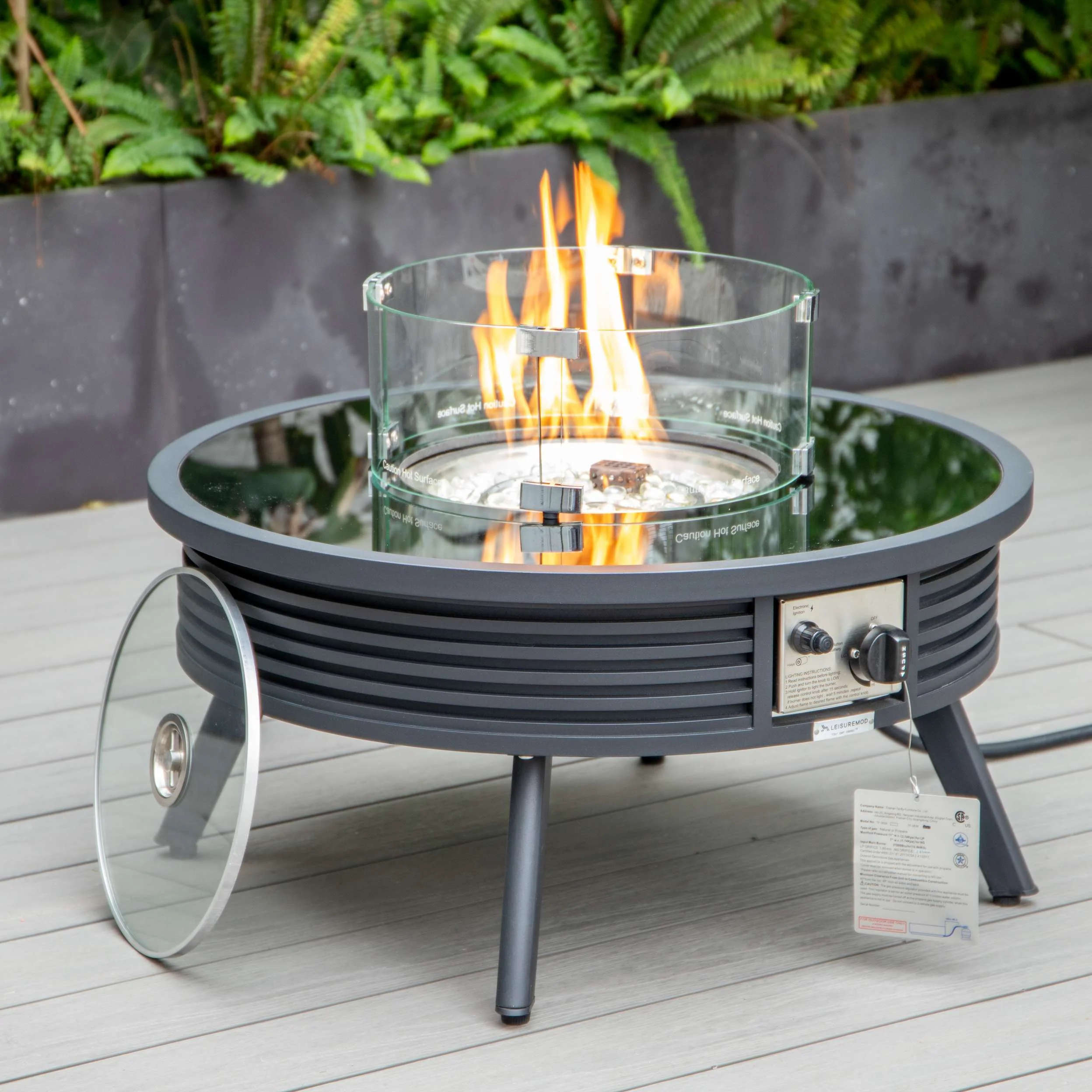 LeisureMod Walbrooke Modern Black Patio Conversation With Round Fire Pit & Tank Holder - Image 99