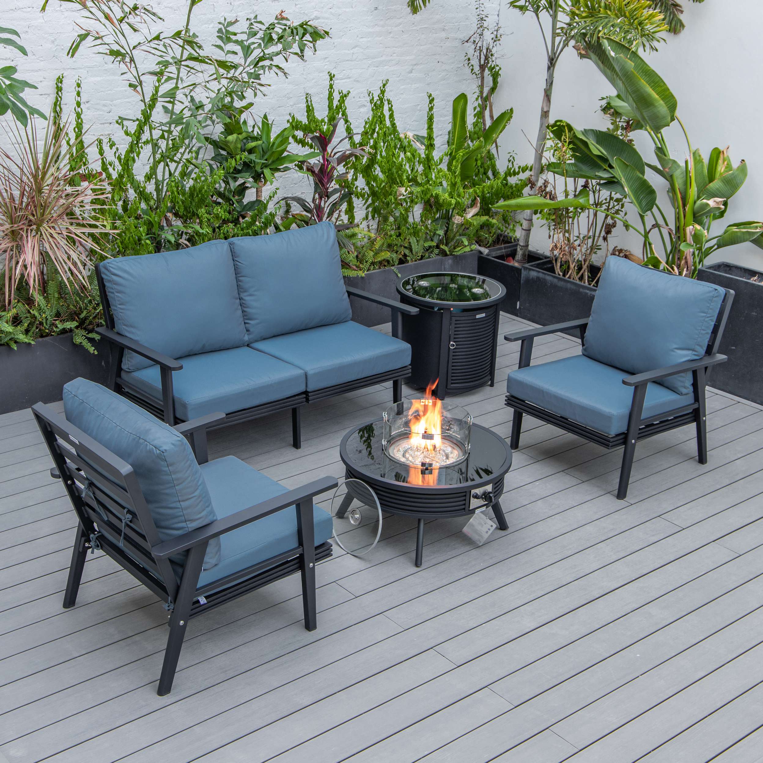 LeisureMod Walbrooke Modern Black Patio Conversation With Round Fire Pit With Slats Design & Tank Holder - Image 24