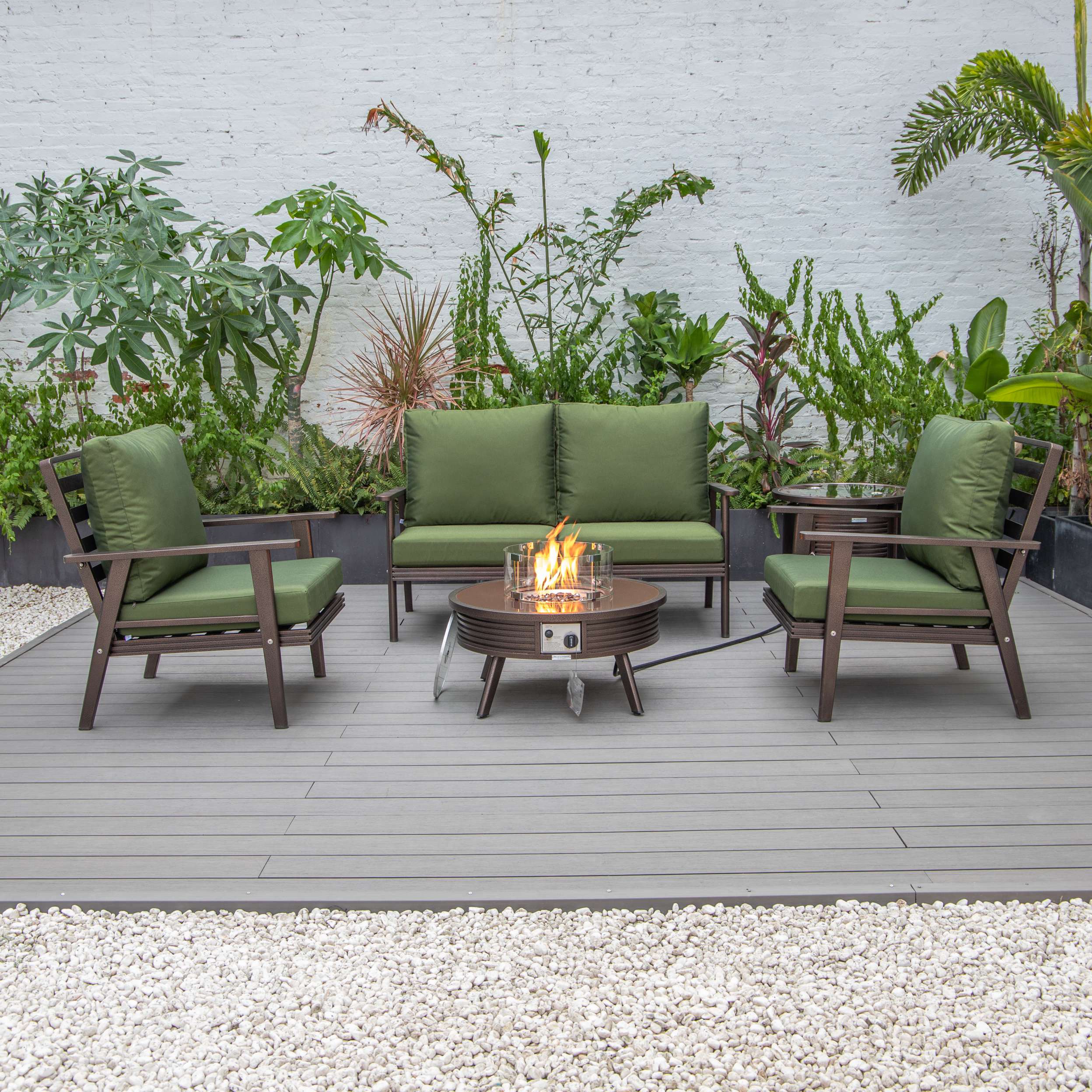 LeisureMod Walbrooke Modern Brown Patio Conversation With Round Fire Pit & Tank Holder - Image 90