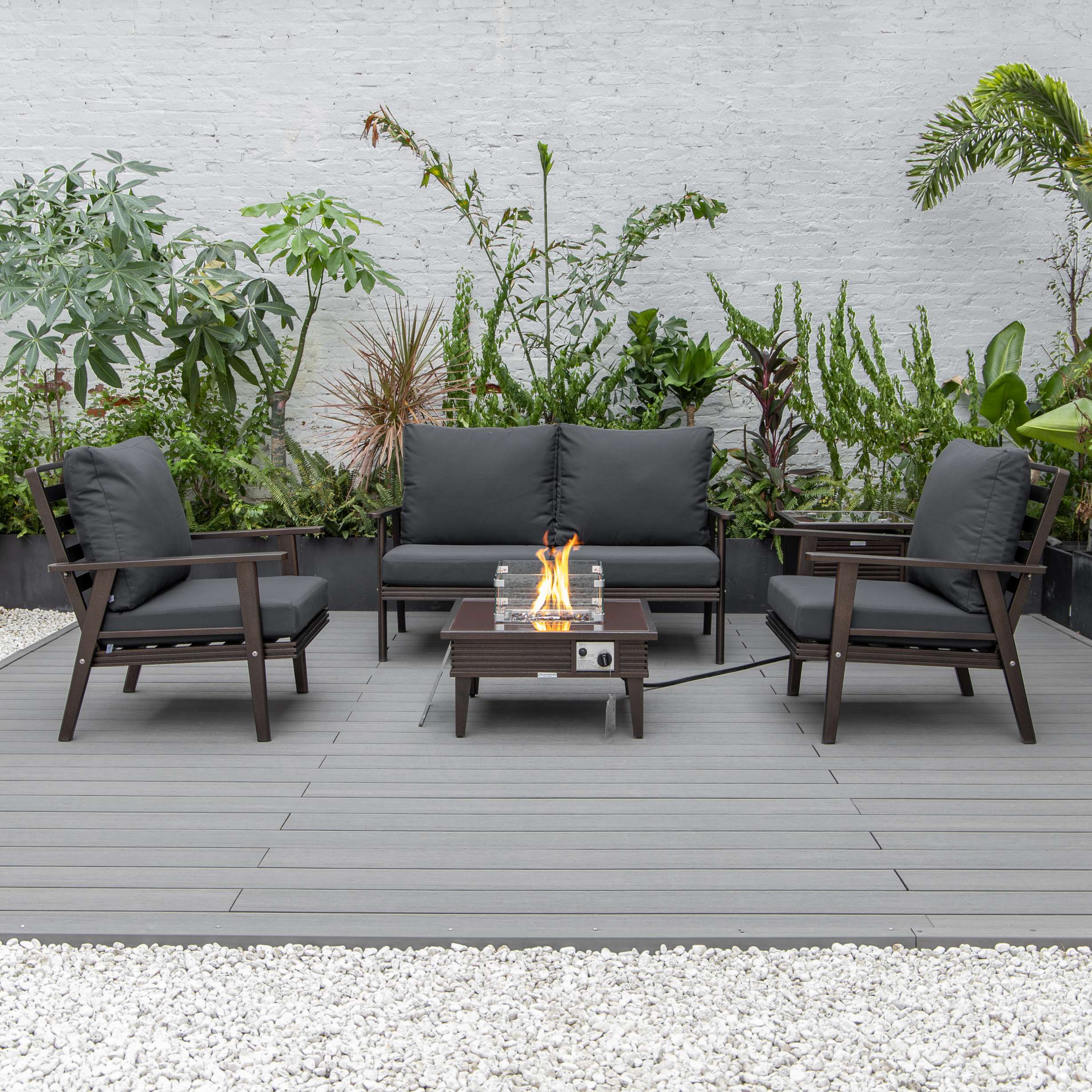 LeisureMod Walbrooke Modern Brown Patio Conversation With Square Fire Pit With Slats Design & Tank Holder