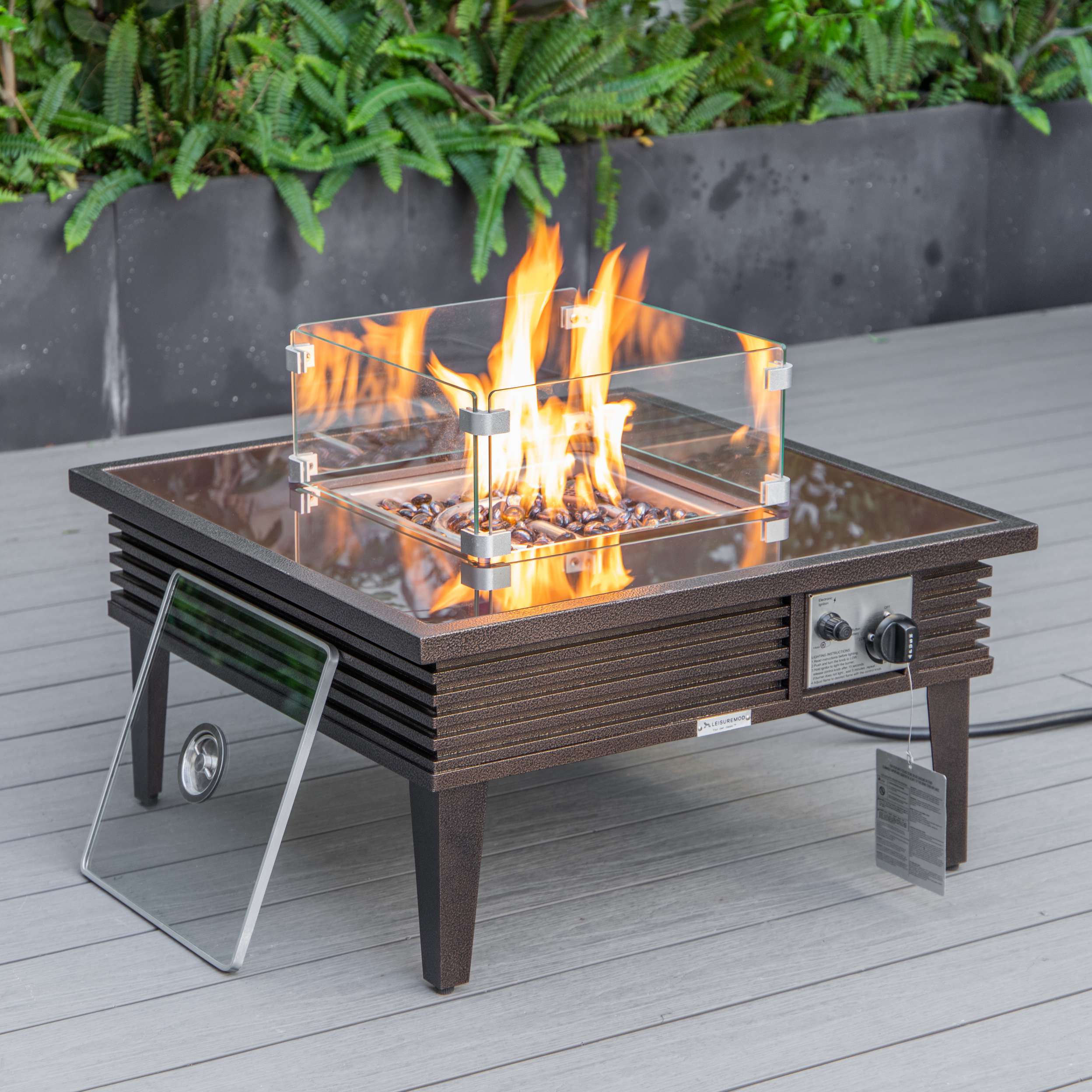 LeisureMod Walbrooke Modern Brown Patio Conversation With Square Fire Pit With Slats Design & Tank Holder - Image 8