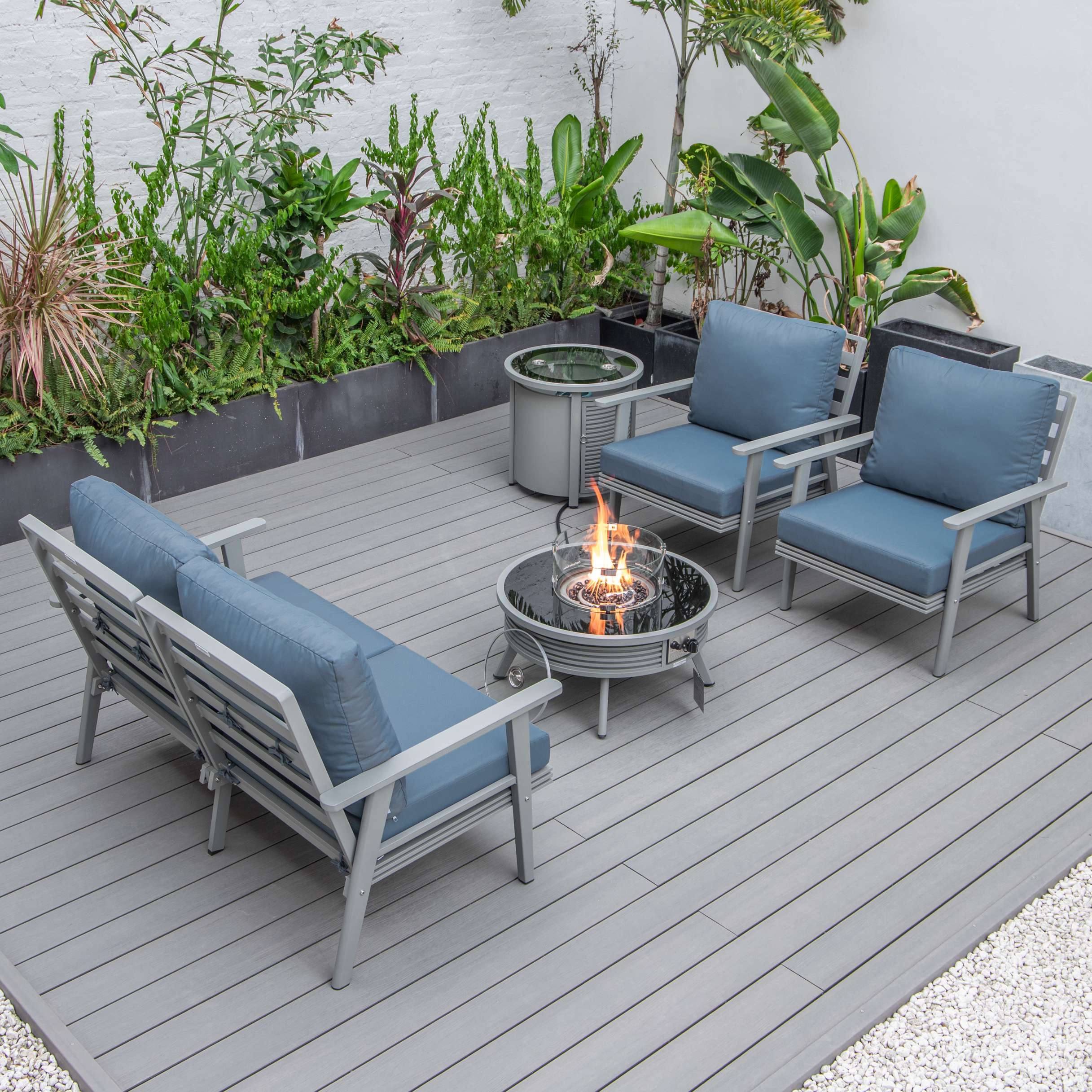 LeisureMod Walbrooke Modern Grey Patio Conversation With Round Fire Pit With Slats Design & Tank Holder - Image 22