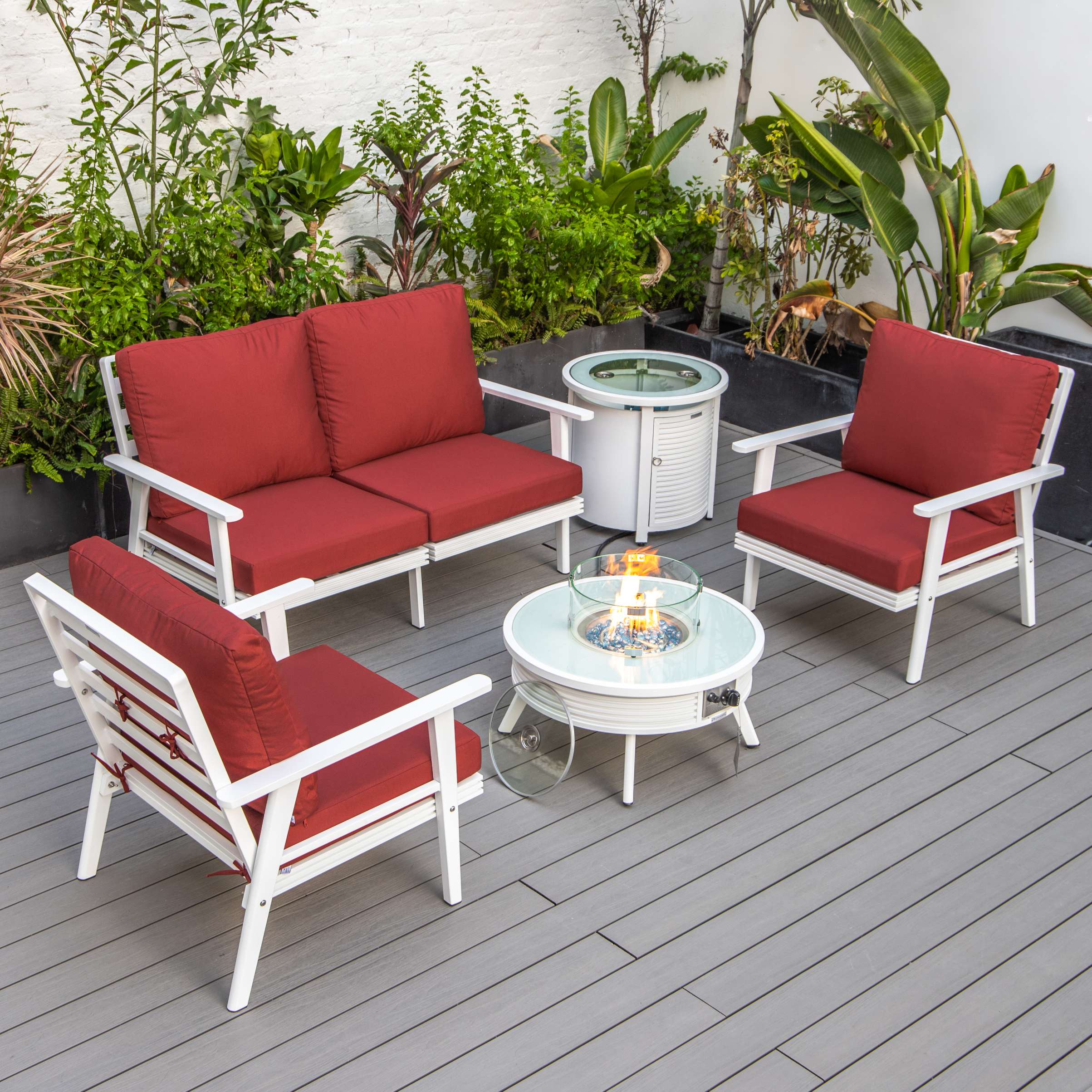 LeisureMod Walbrooke Modern White Patio Conversation With Round Fire Pit With Slats Design & Tank Holder - Image 40