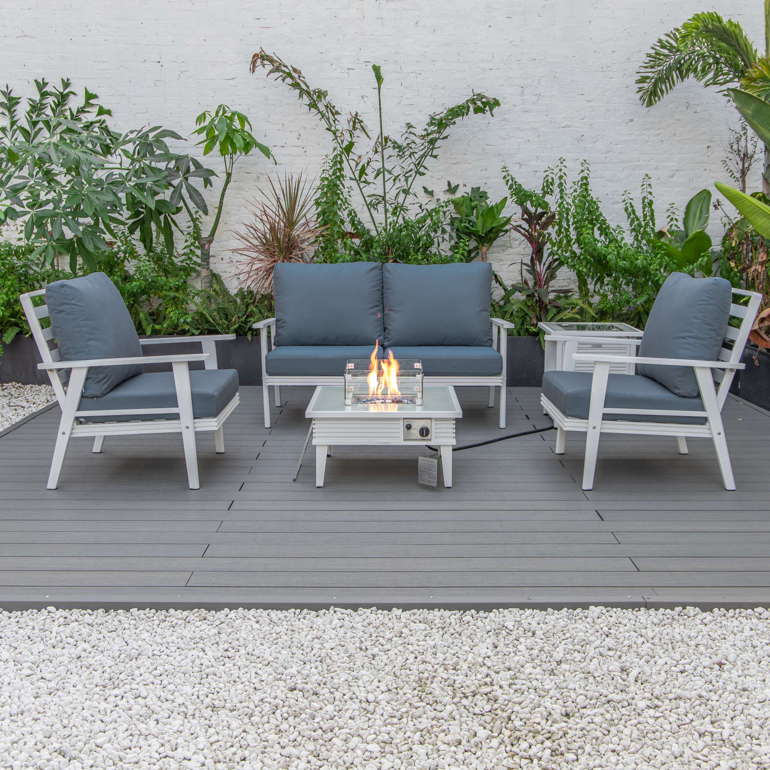 LeisureMod Walbrooke Modern White Patio Conversation With Square Fire Pit & Tank Holder - Image 54