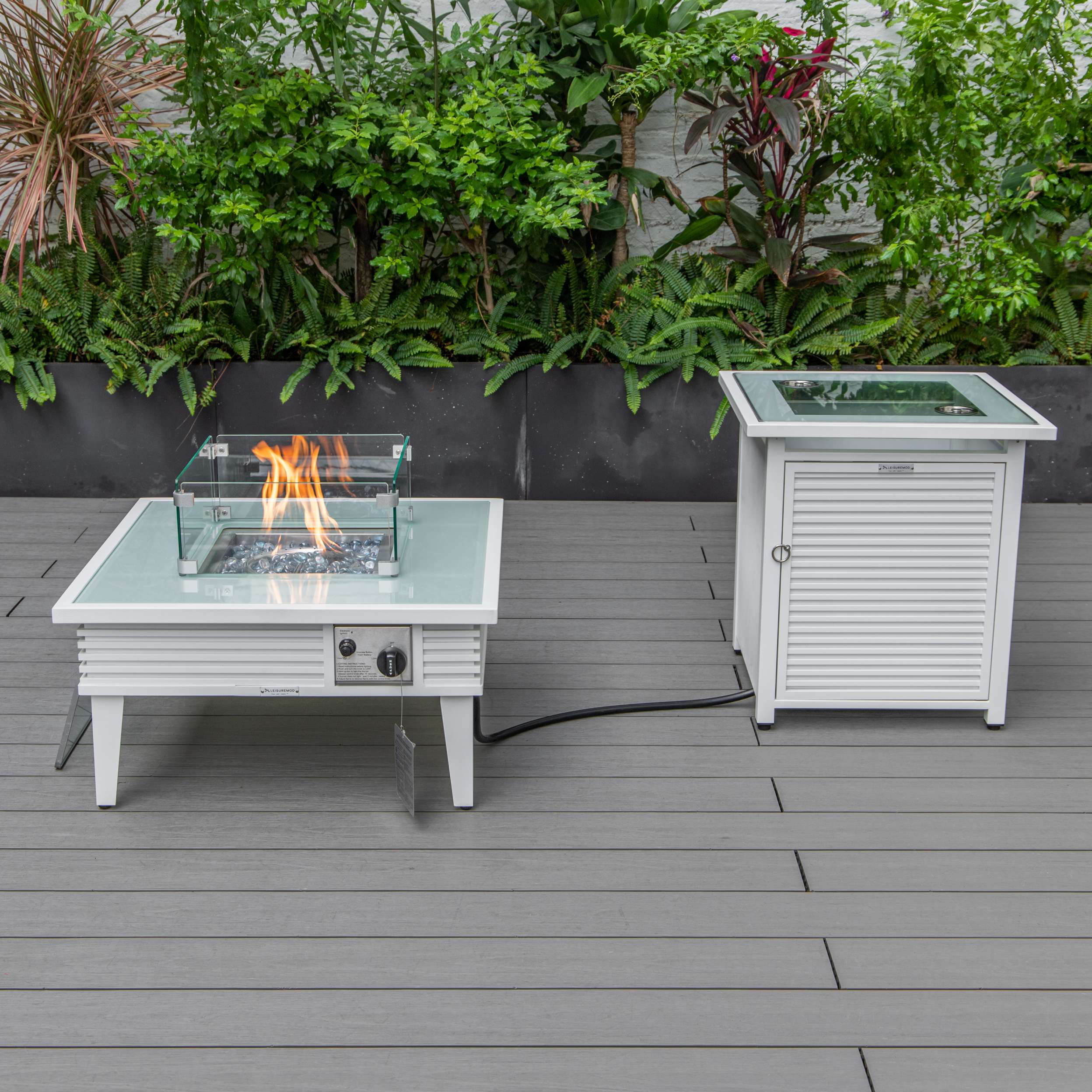 LeisureMod Walbrooke Modern White Patio Conversation With Square Fire Pit & Tank Holder - Image 6