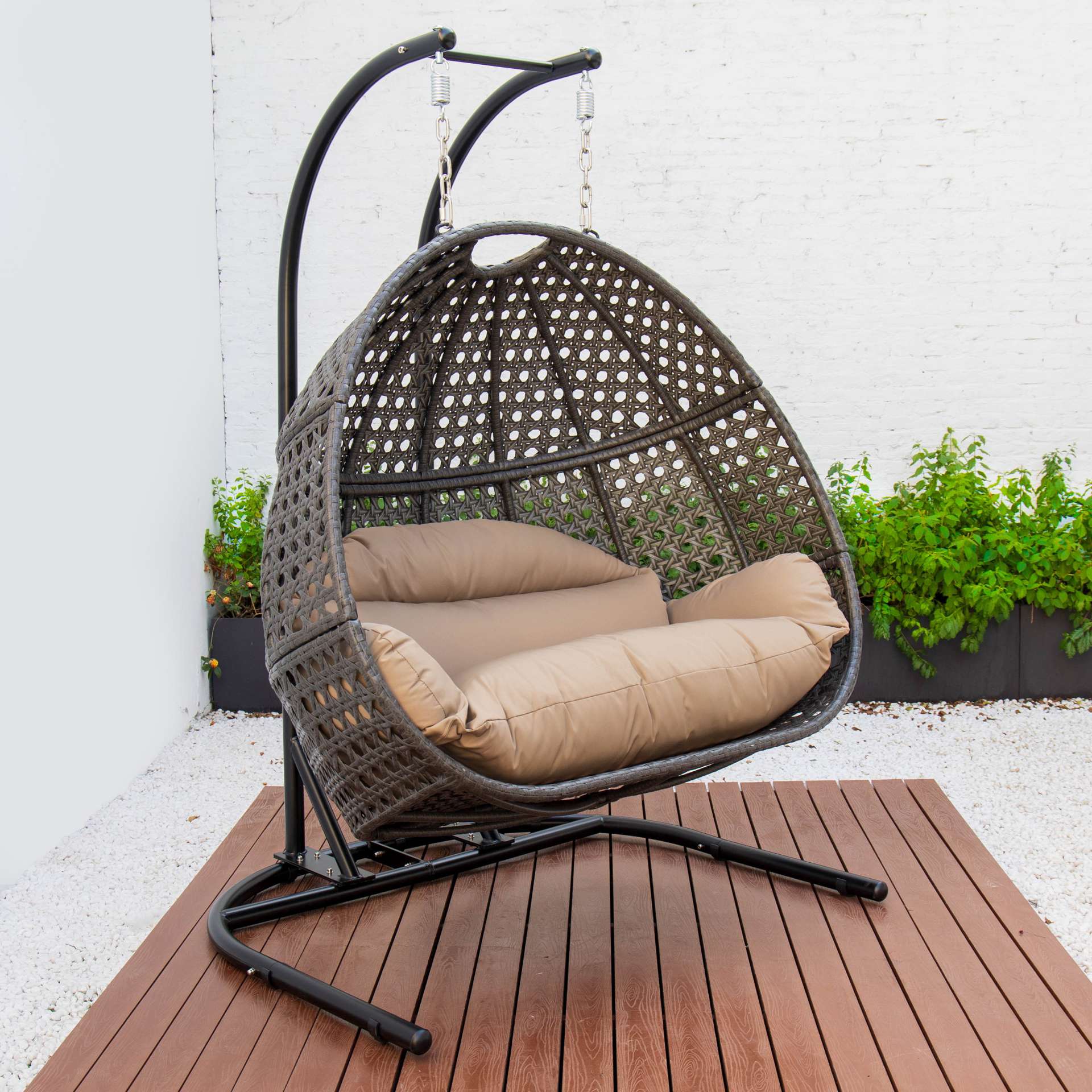 LeisureMod Wicker Hanging Double Egg Swing Chair - EKDCH-57BR