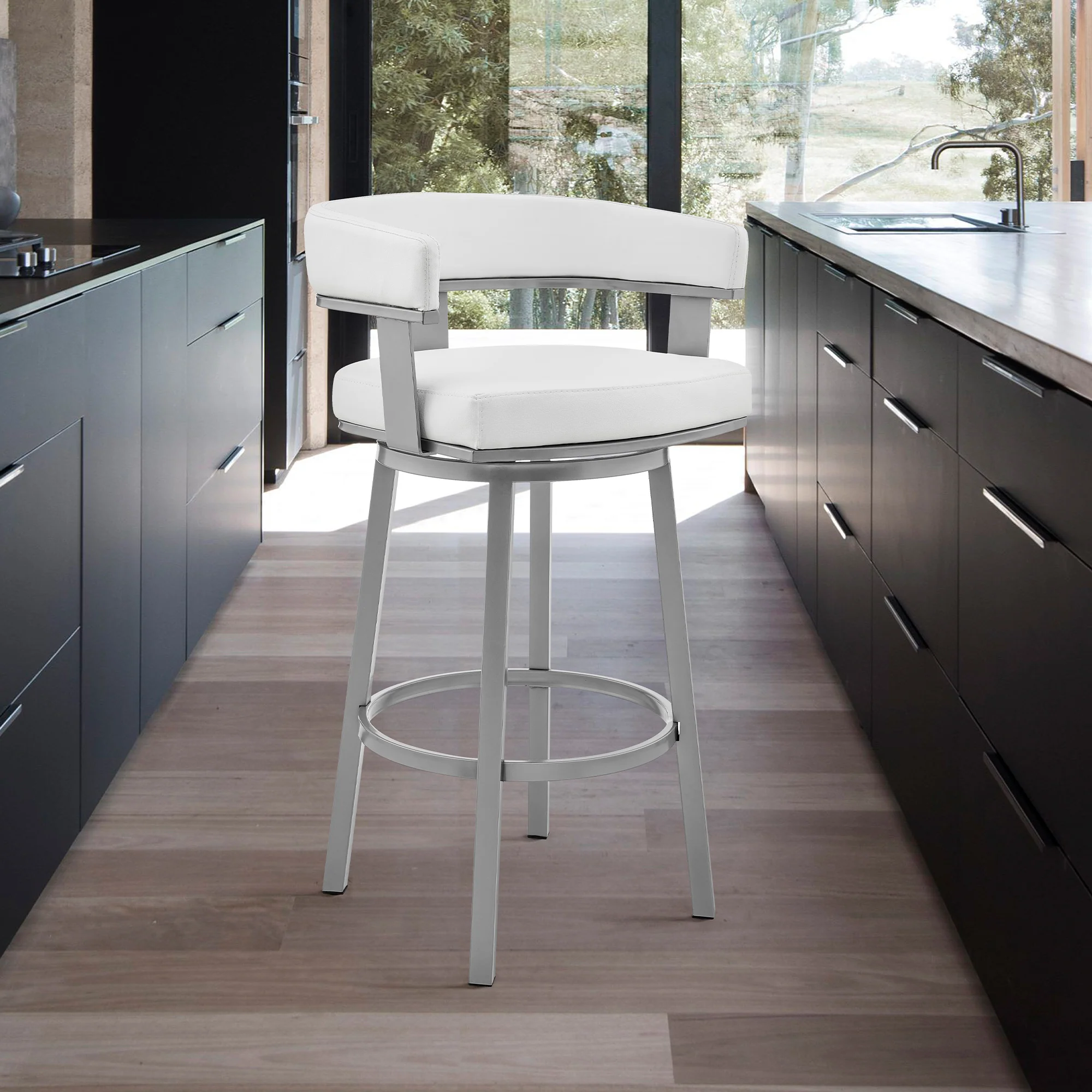 Lorin 26" Counter Height Swivel Bar Stool in Silver Finish with White Faux Leather By Armen Living