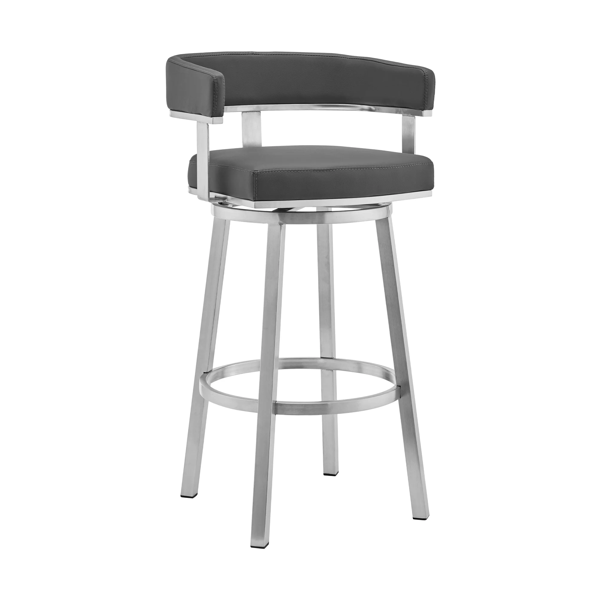 Lorin 30" Gray Faux Leather and Brushed Stainless Steel Swivel Bar Stool By Armen Living - Image 2