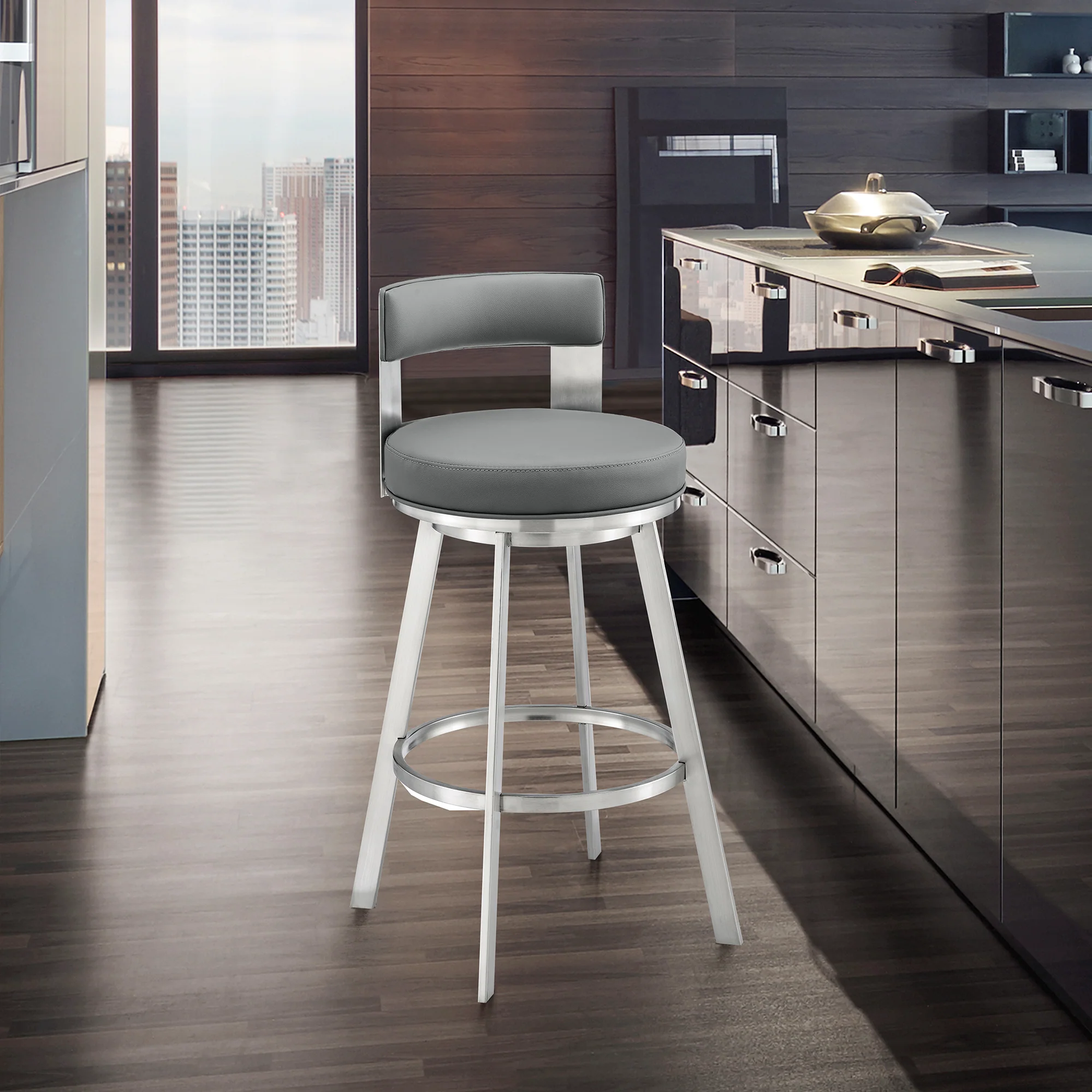 Lynof Swivel Bar Stool in Silver Metal with Grey Faux Leather By Armen Living