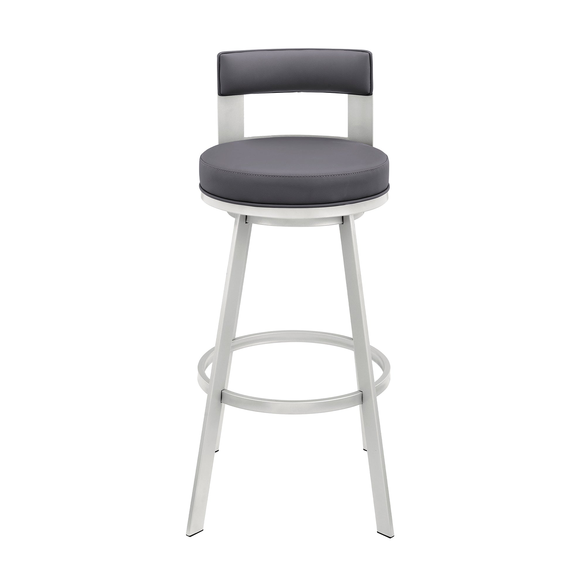 Lynof Swivel Bar Stool in Silver Metal with Grey Faux Leather By Armen Living - Image 3