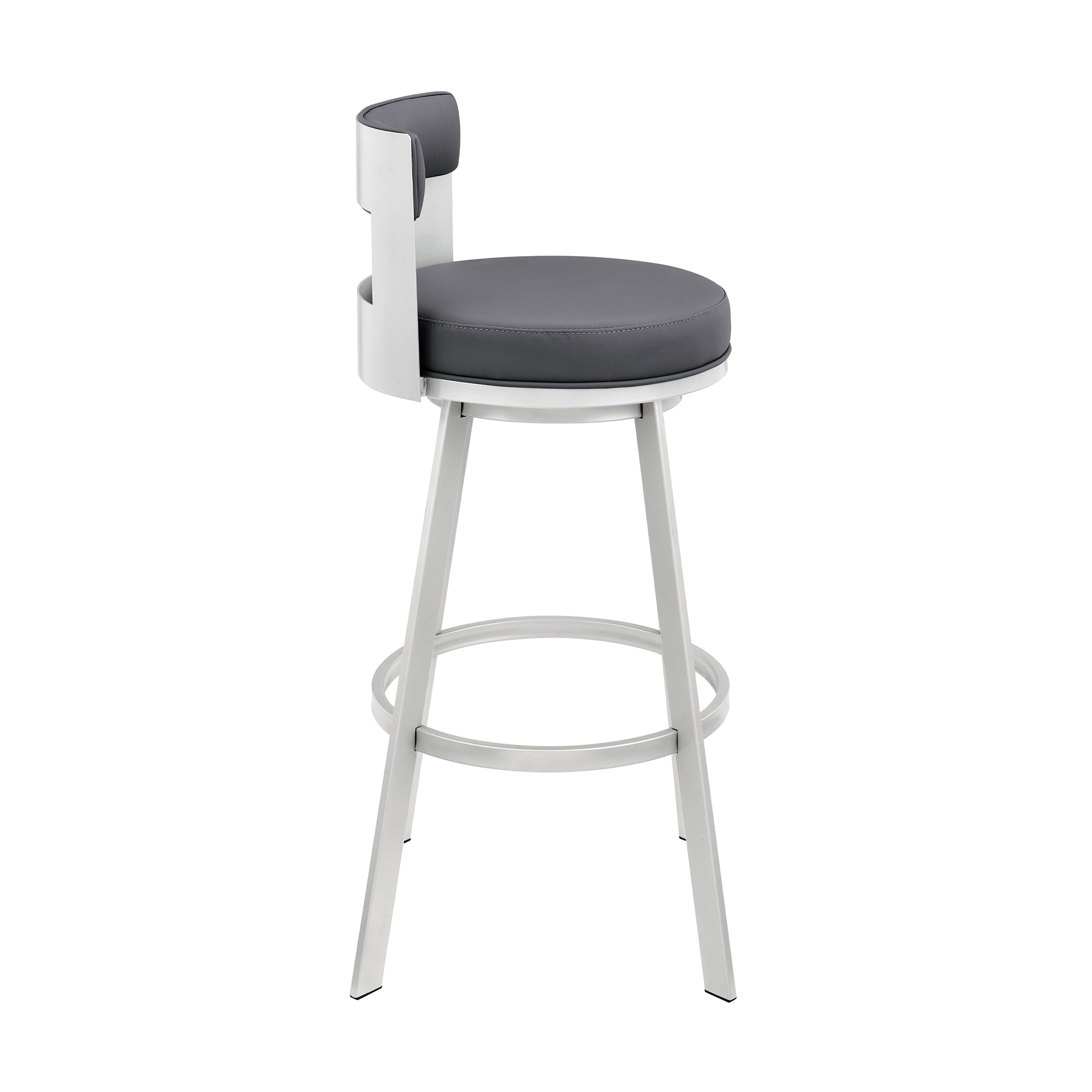 Lynof Swivel Bar Stool in Silver Metal with Grey Faux Leather By Armen Living - Image 4