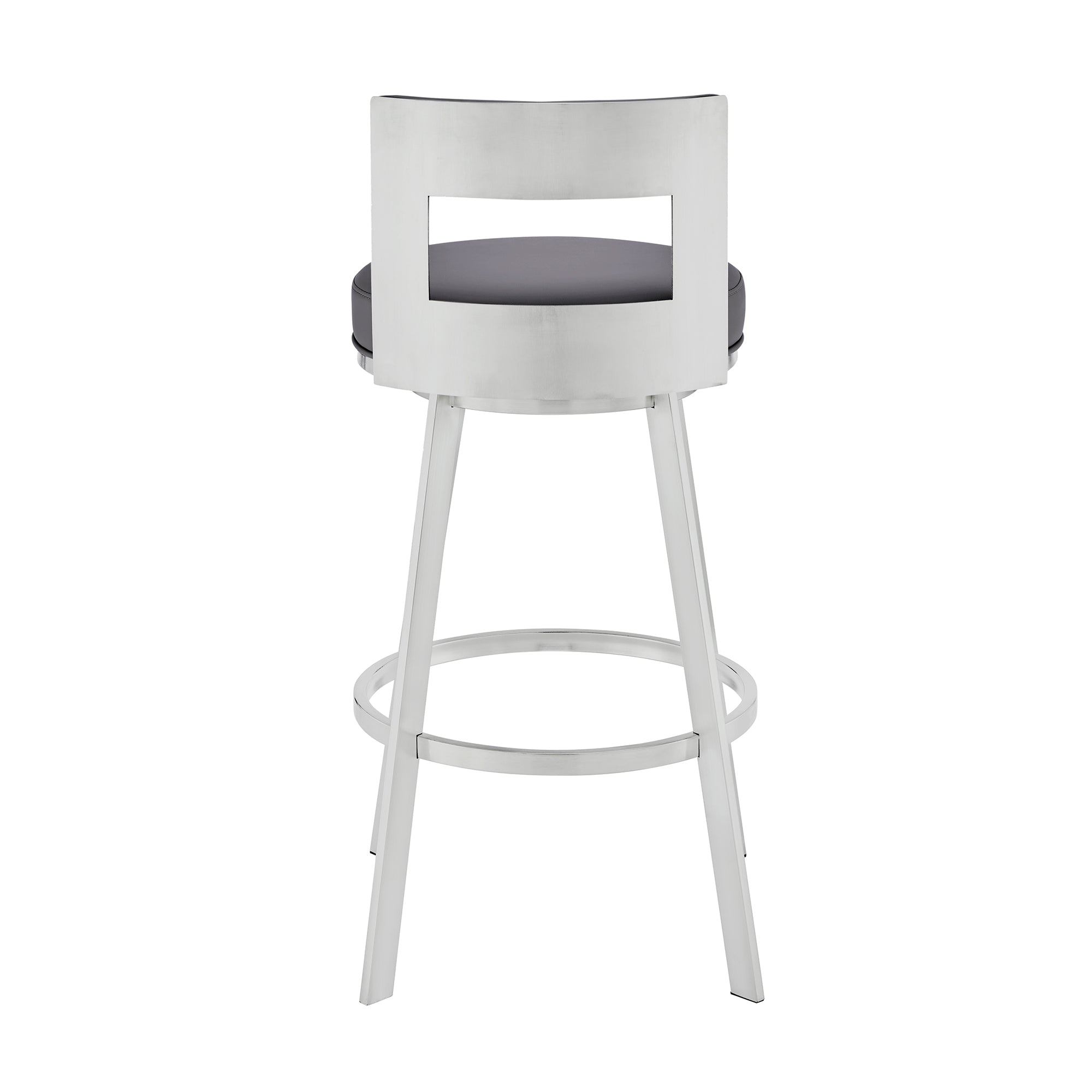 Lynof Swivel Bar Stool in Silver Metal with Grey Faux Leather By Armen Living - Image 6