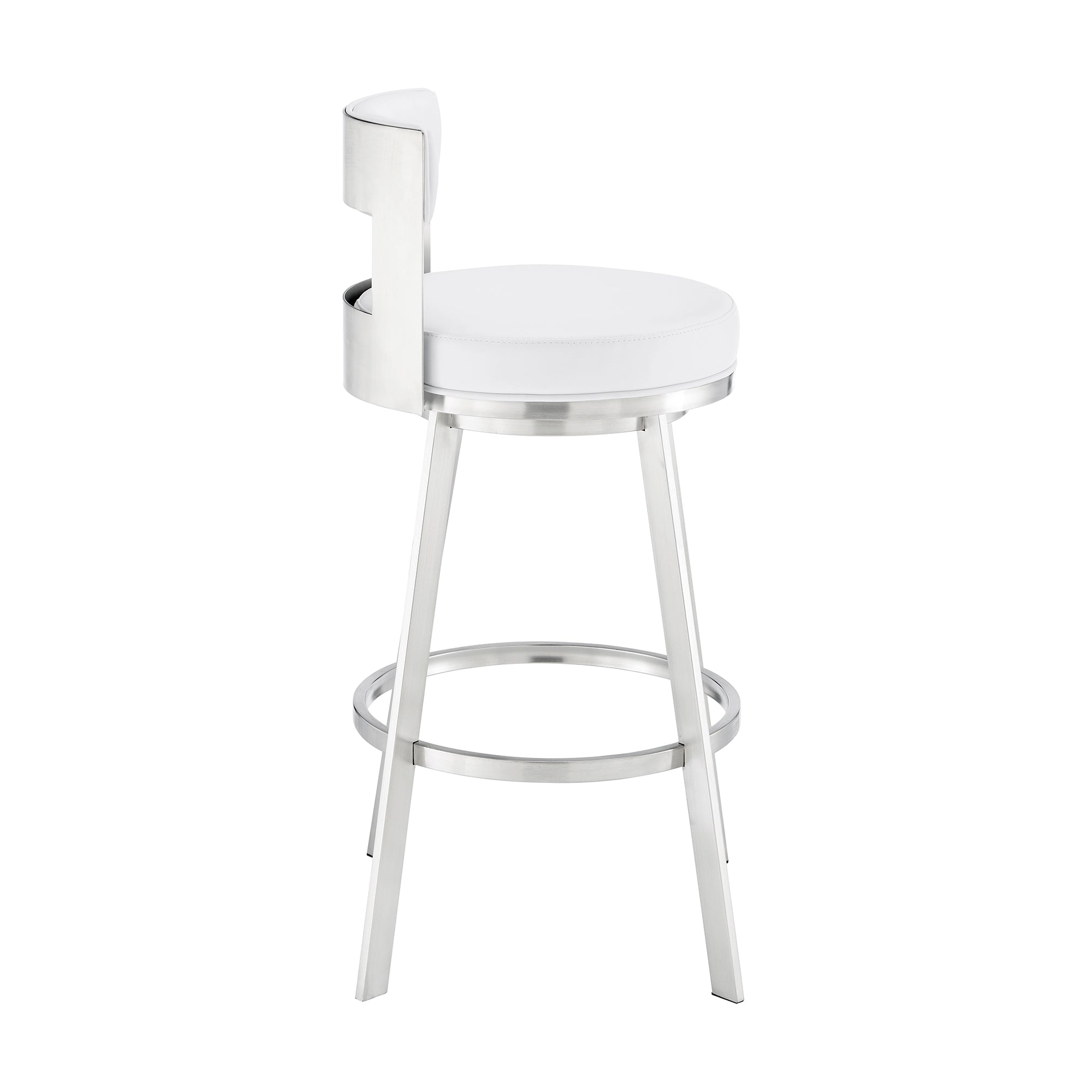Lynof Swivel Counter Stool in Brushed Stainless Steel with White Faux Leather By Armen Living - Image 4