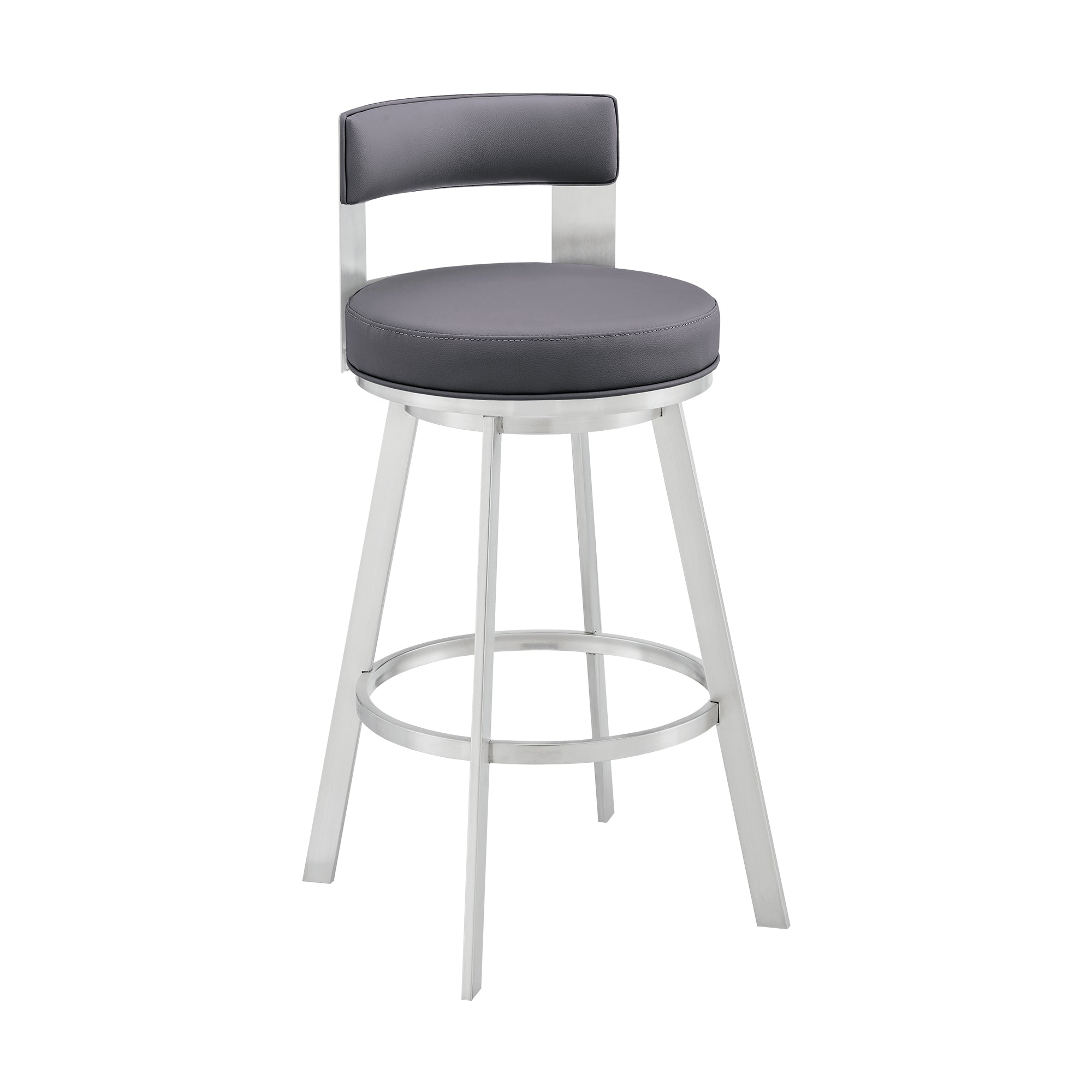 Lynof Swivel Counter Stool in Silver Metal with Grey Faux Leather By Armen Living - Image 2