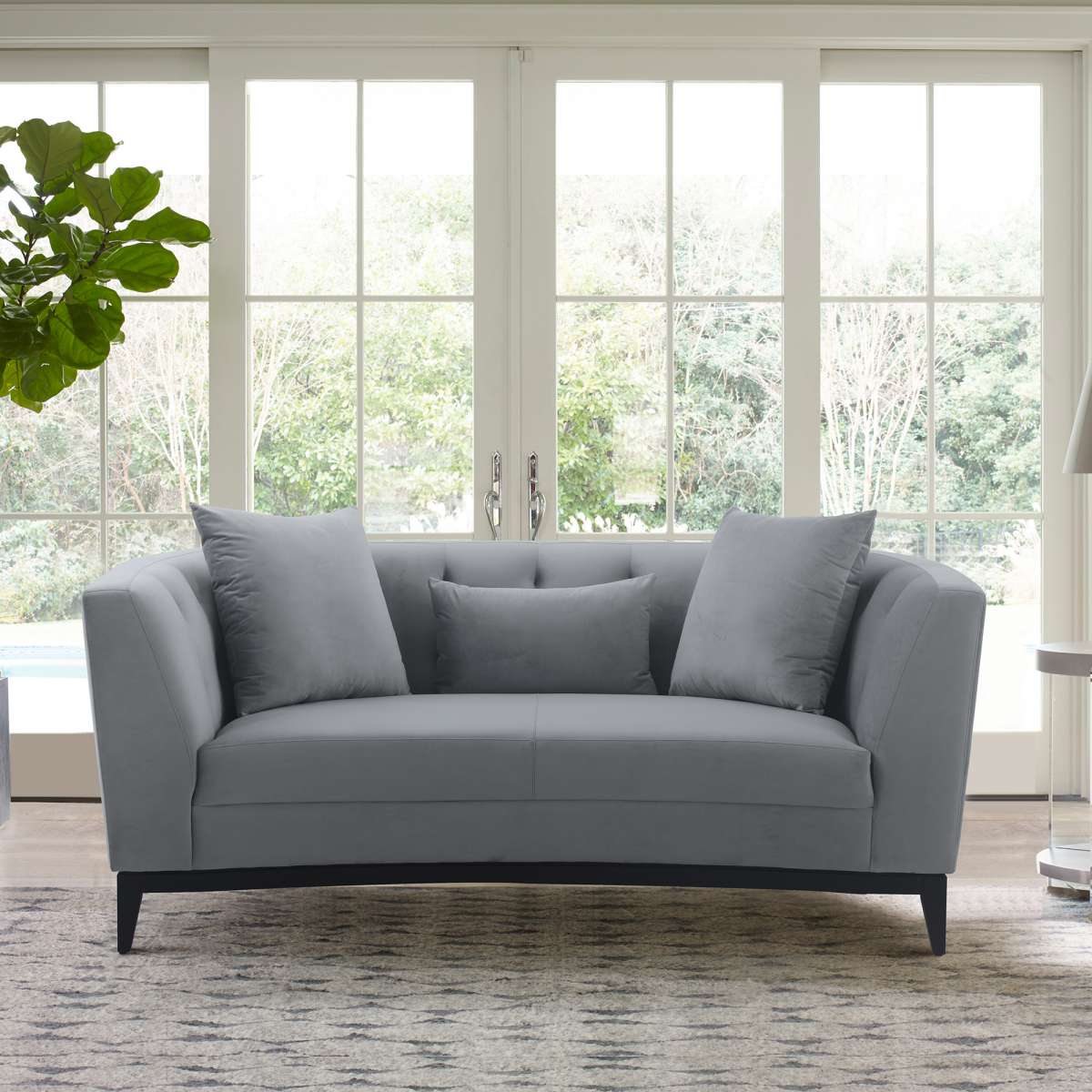 Melange Gray Velvet Loveseat with Black Wood Base By Armen Living