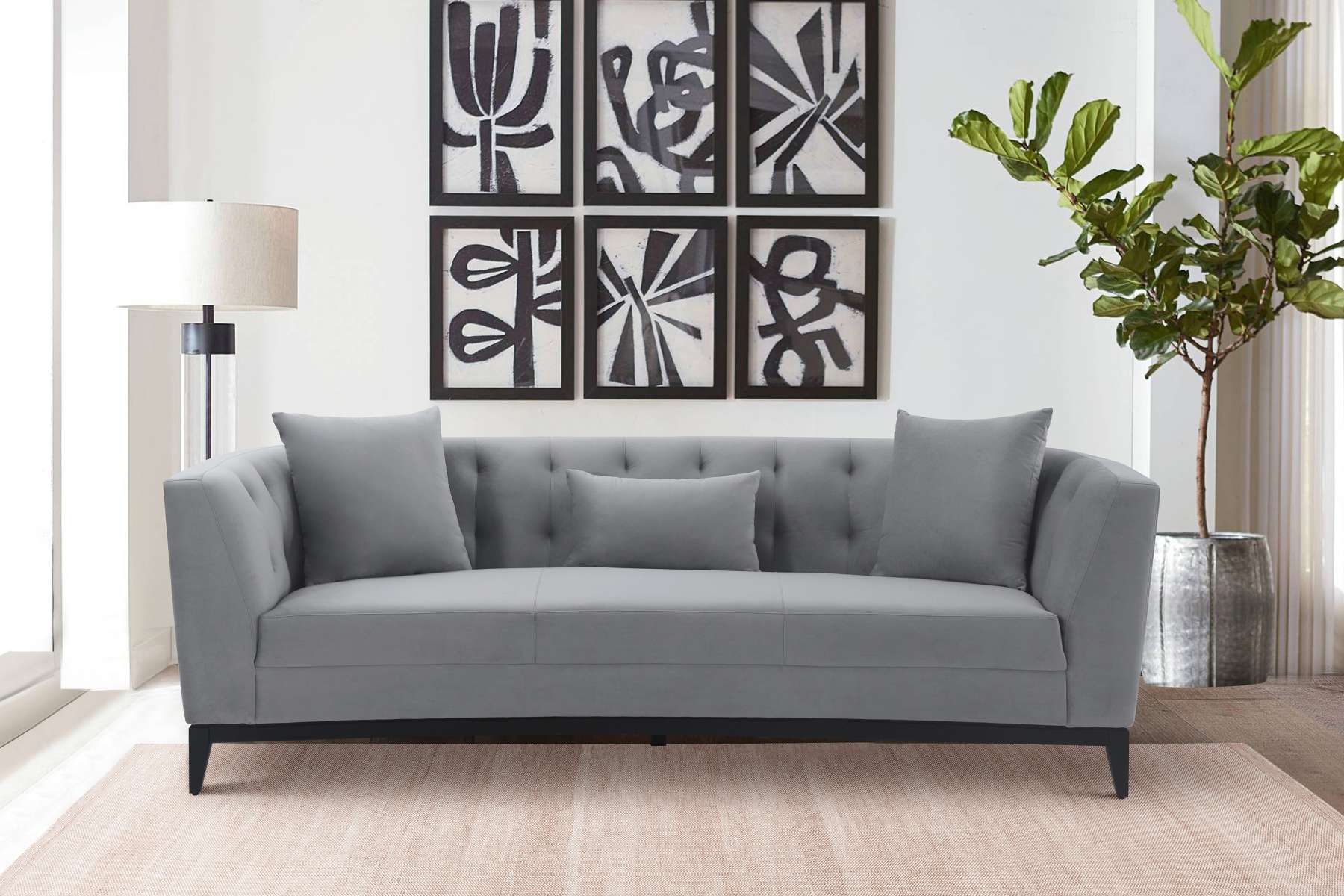 Melange Gray Velvet Sofa with Black Wood Base By Armen Living