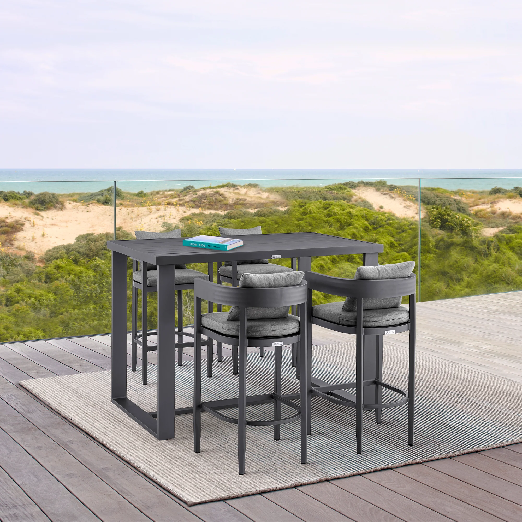 Menorca Outdoor Patio Bar Stool in Aluminum with Gray Cushions By Armen Living - Image 2