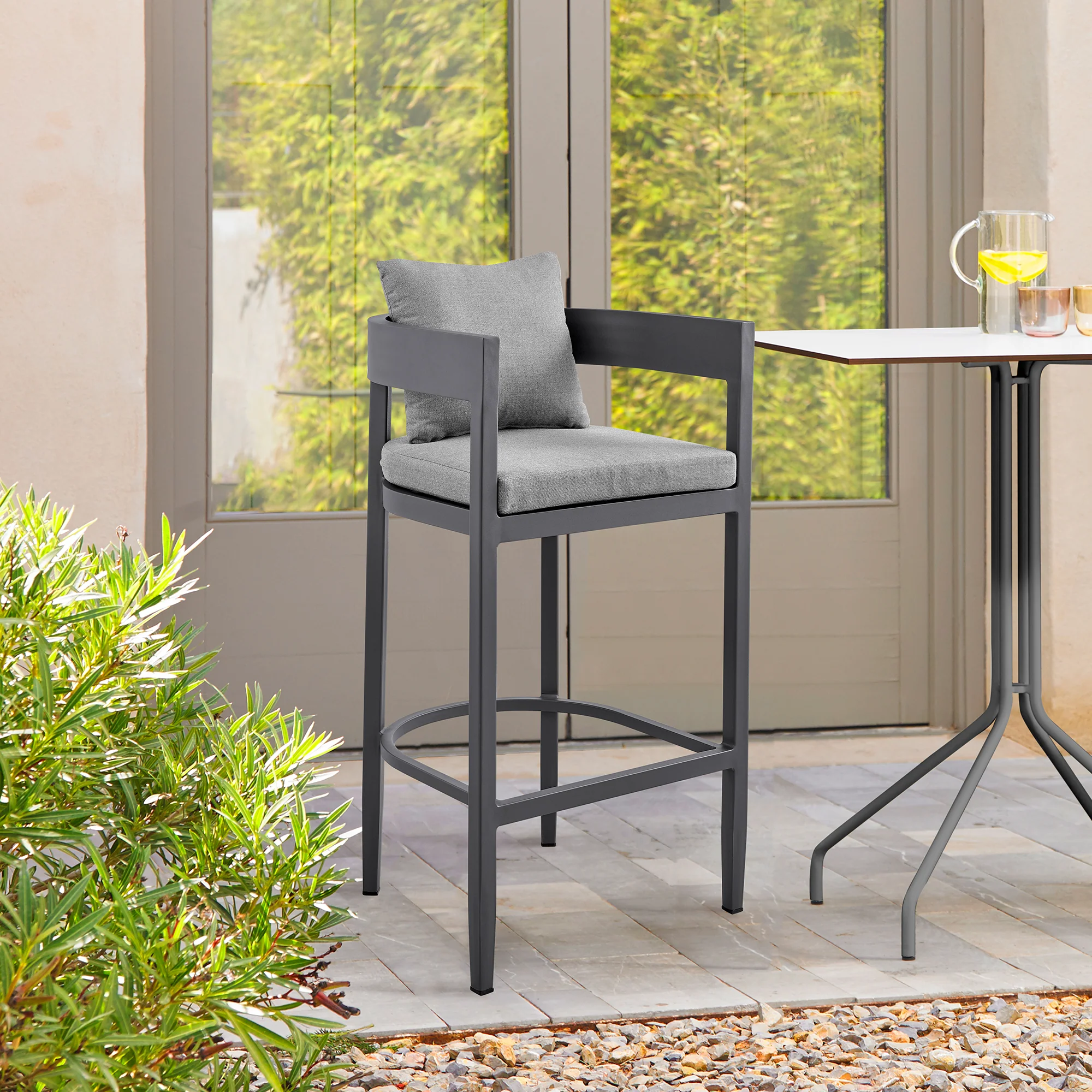Menorca Outdoor Patio Counter Height Bar Stool in Aluminum with Gray Cushions By Armen Living