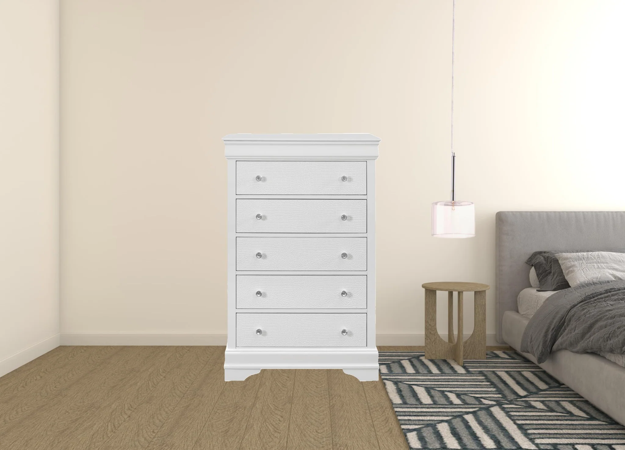 Metallic White Solid Wood Five Drawer Chest By Homeroots