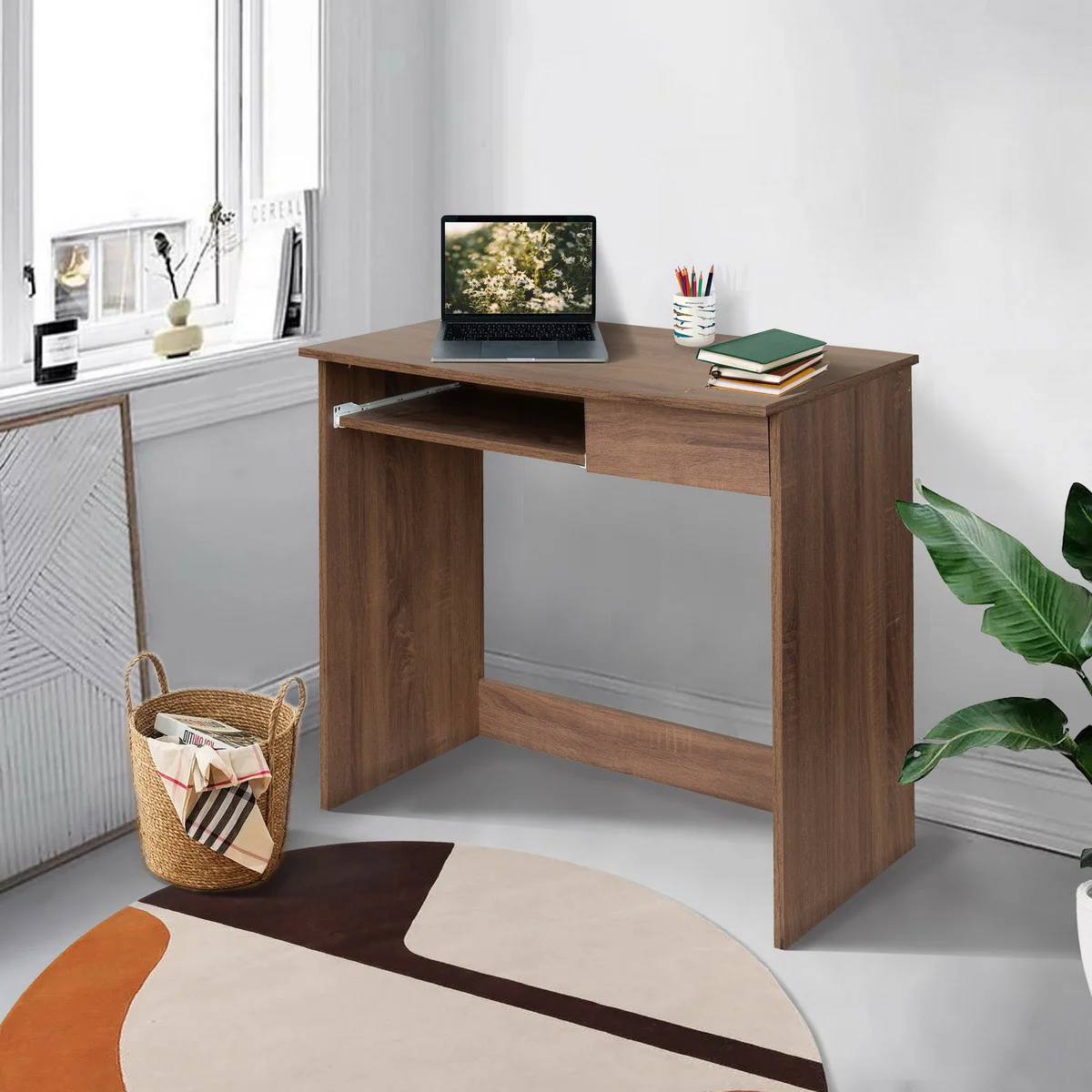 Minimalist Walnut Computer Table with Keyboard Tray By Homeroots