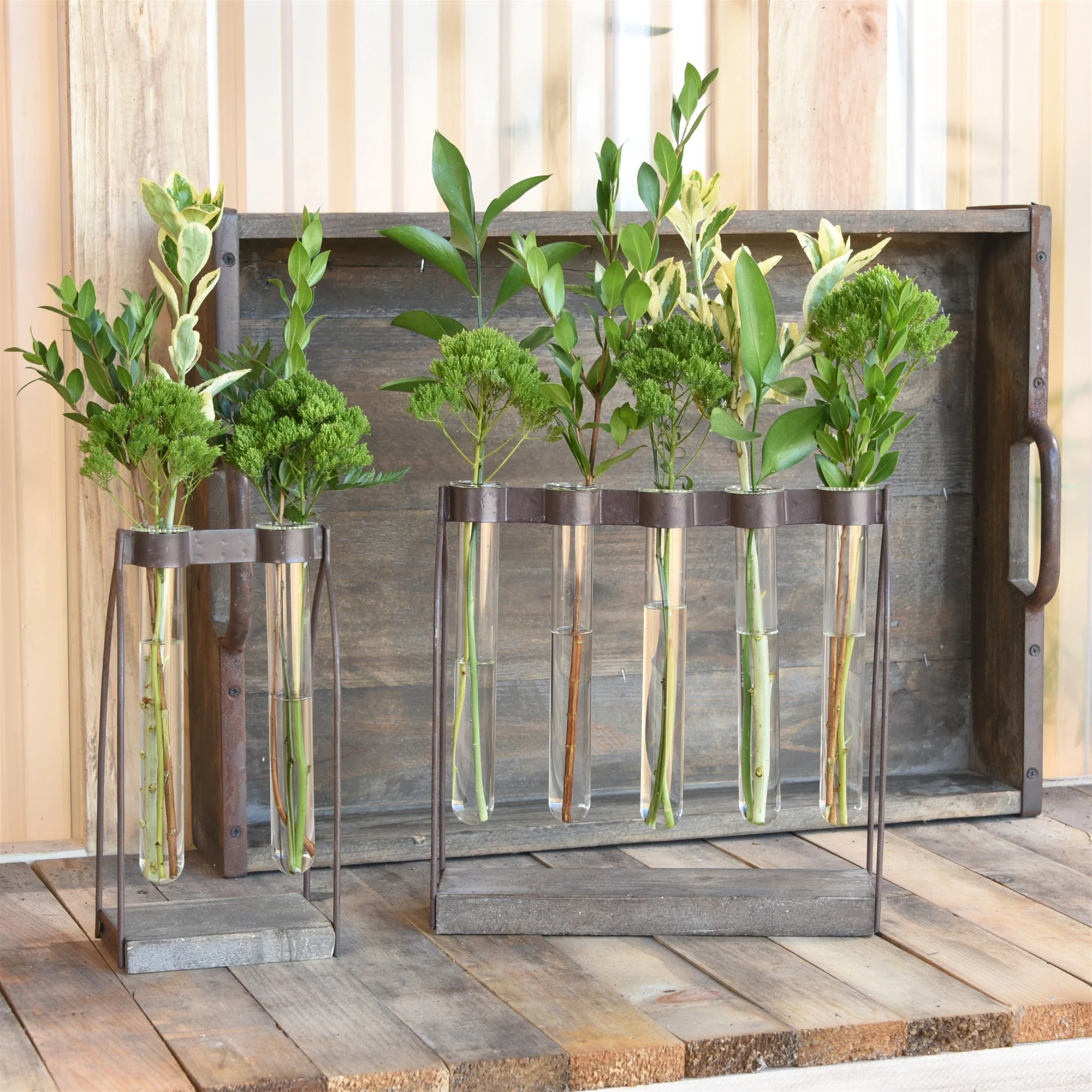 Mirabelle Quintuple Tube Vase, Wood, Iron & Glass By HomArt