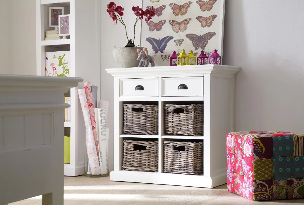 Modern Farmhouse White Medium Accent Cabinet With Baskets By Homeroots