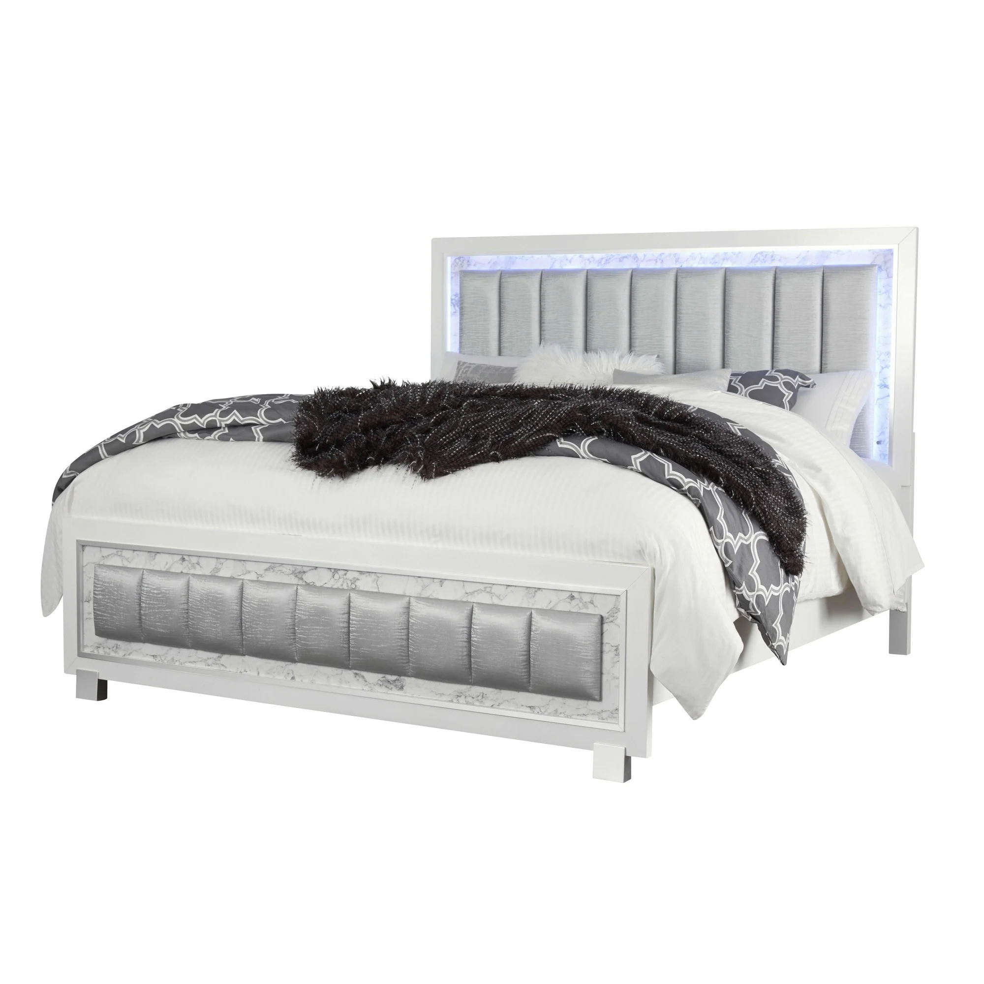Modern Luxurious White King Bed With Padded Headboard Led Lightning By Homeroots - Image 3