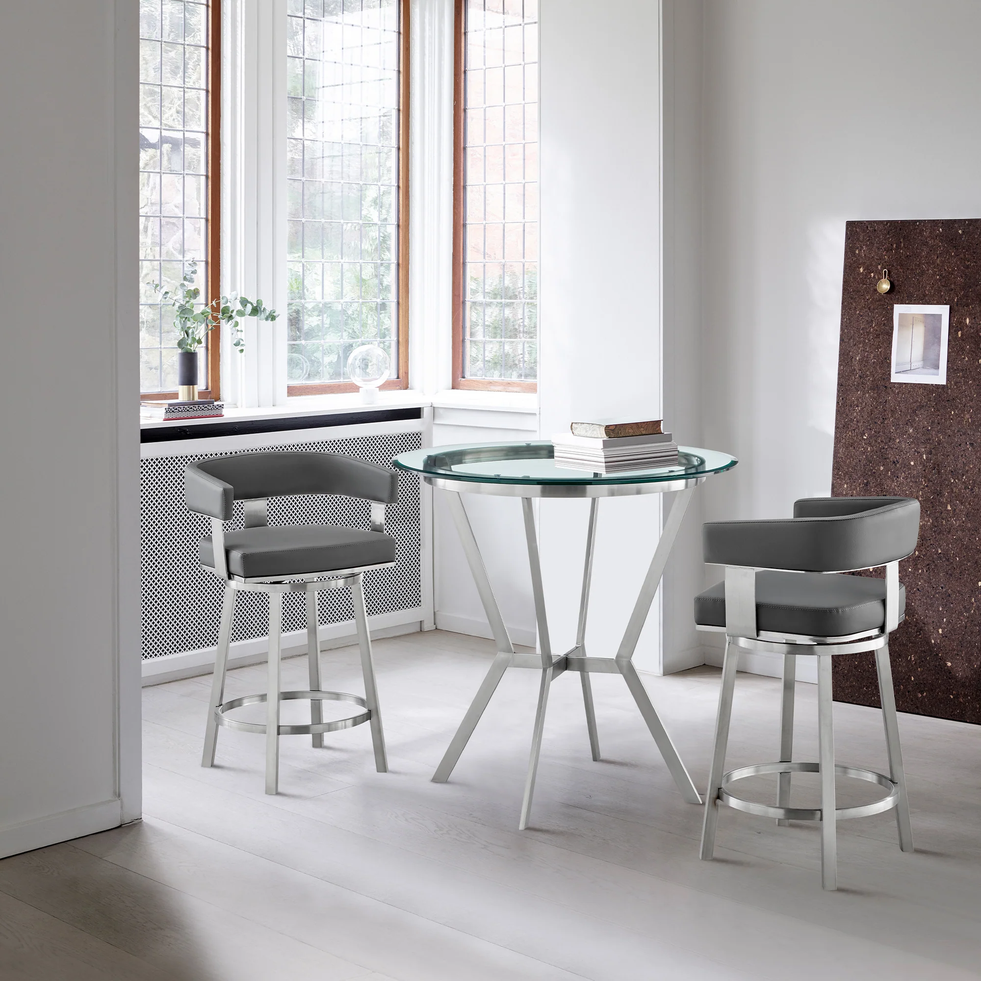 Naomi and Lorin 3-Piece Counter Height Dining Set in Brushed Stainless Steel and Grey Faux Leather By Armen Living