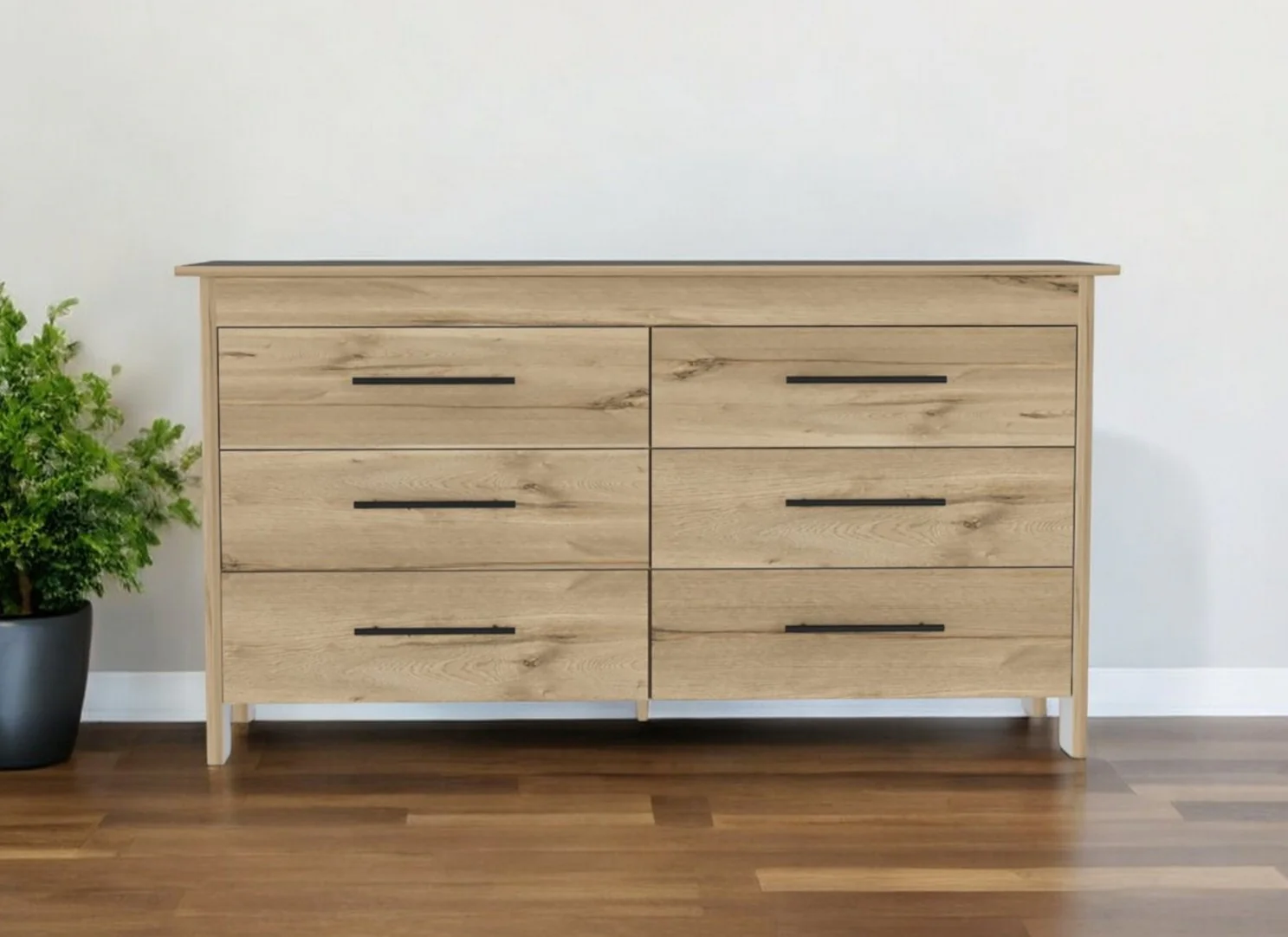 Natural and Black Six Drawer Double Dresser By Homeroots