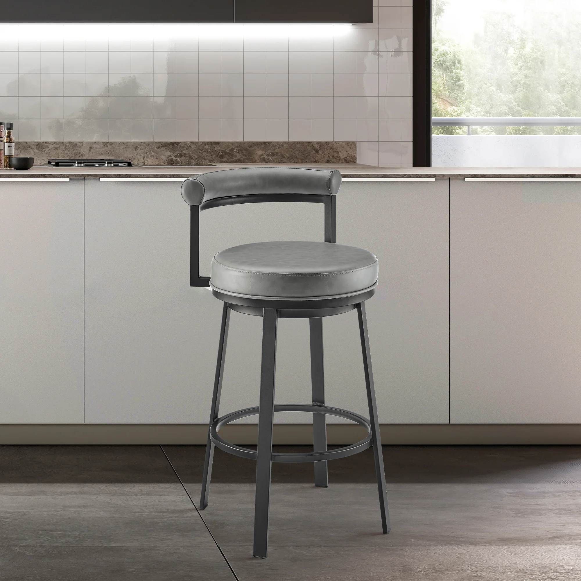 Neura Swivel Counter or Bar Stool in Black Finish with Grey Faux Leather By Armen Living