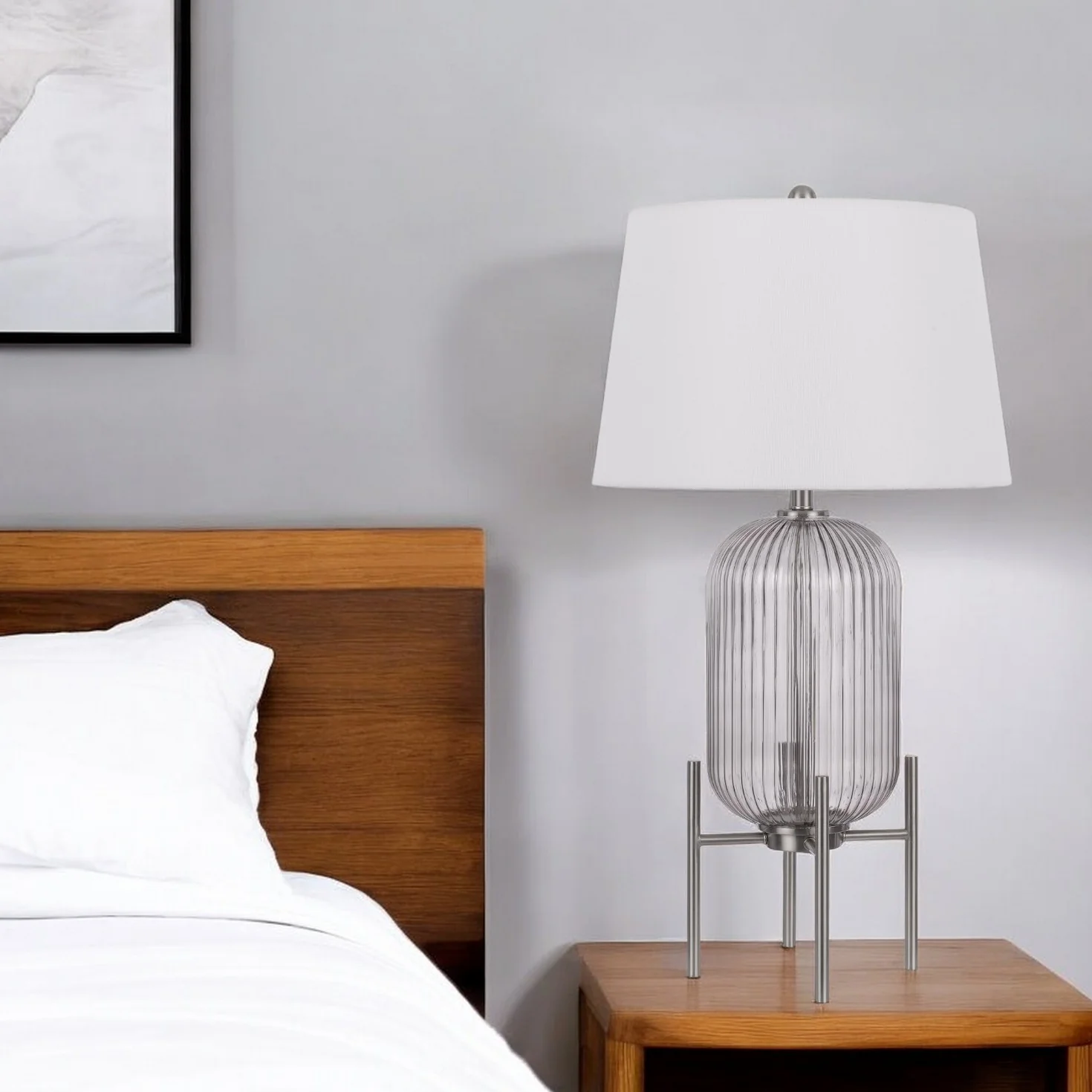 Nickel Glass Round Table Lamp With White Empire Shade By Homeroots