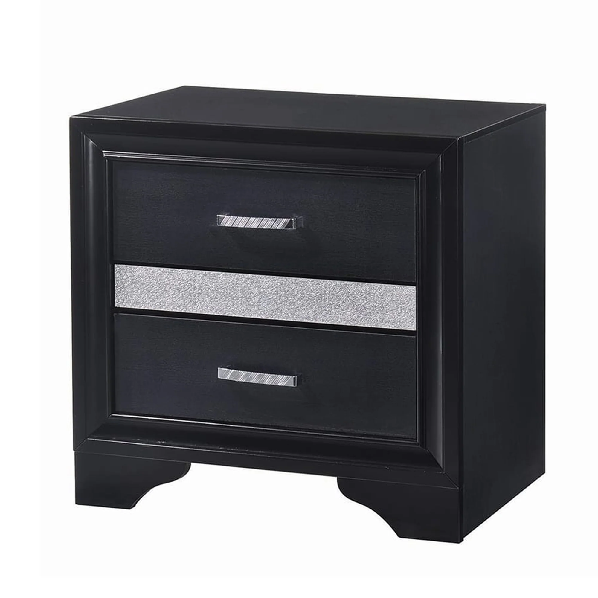 Nightstand With 2 Drawers And Rhinestone Pull Handles, Black And Silver By Benzara