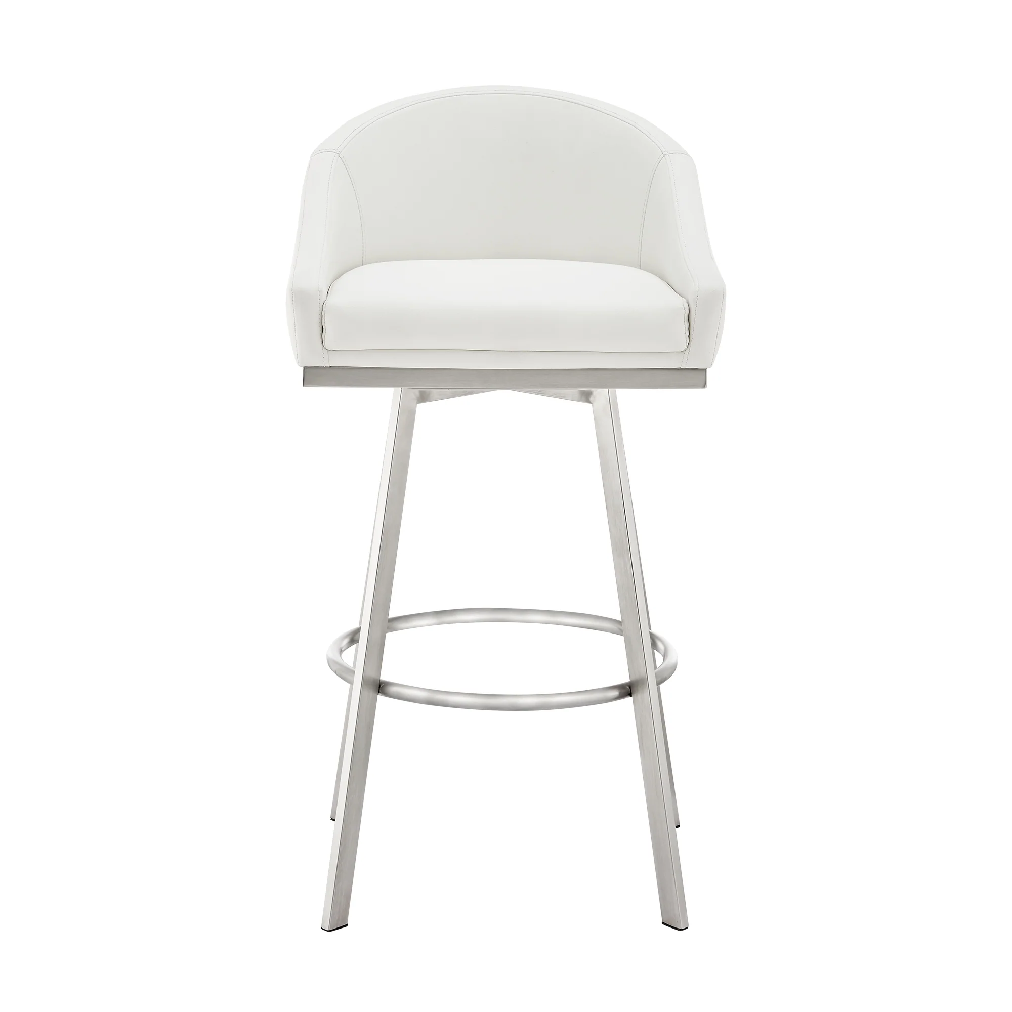 Noran Swivel Counter Stool in Brushed Stainless Steel with White Faux Leather By Armen Living - Image 3
