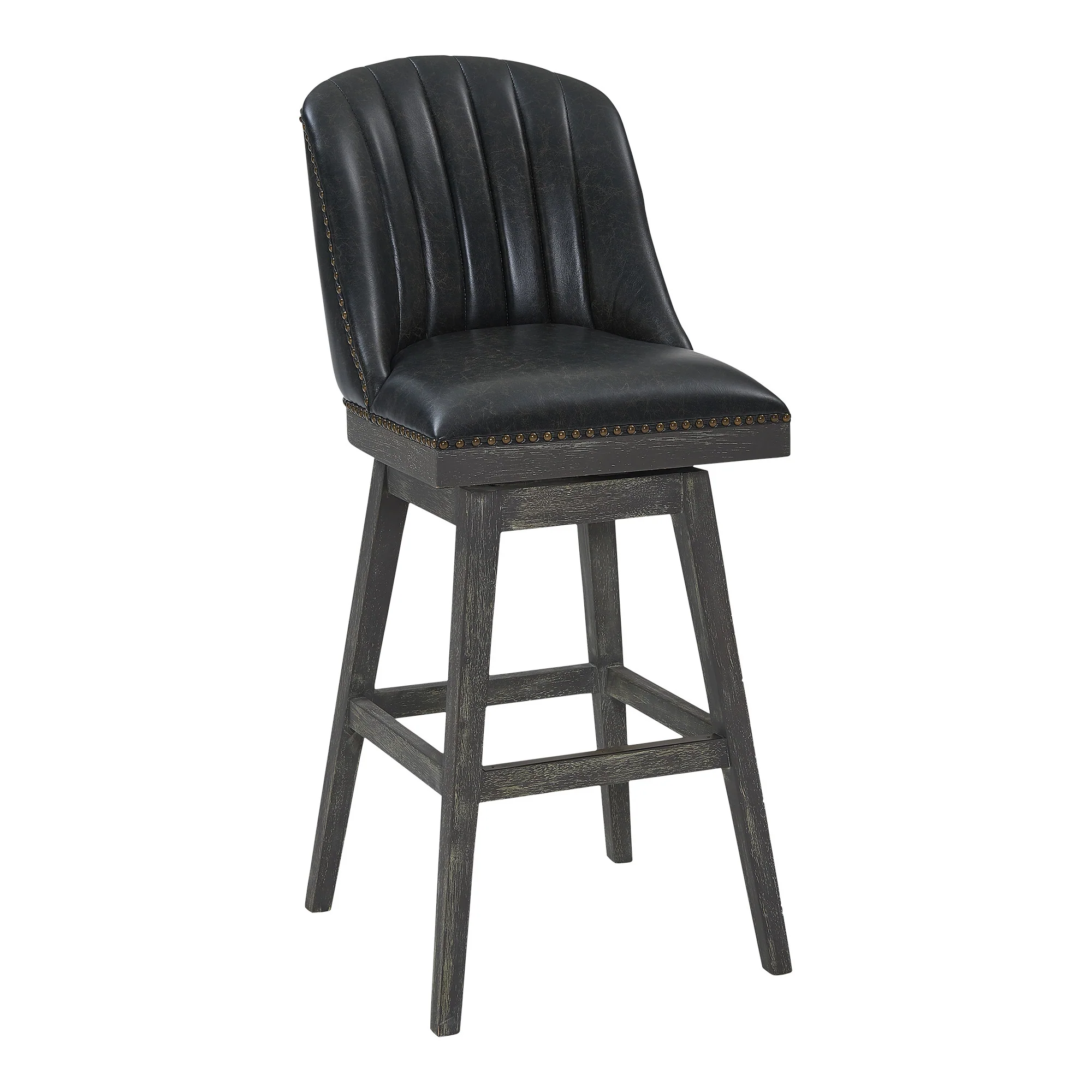 Onyx And Gray Faux Leather And Solid Wood Swivel Bar Height Bar Chair By Homeroots