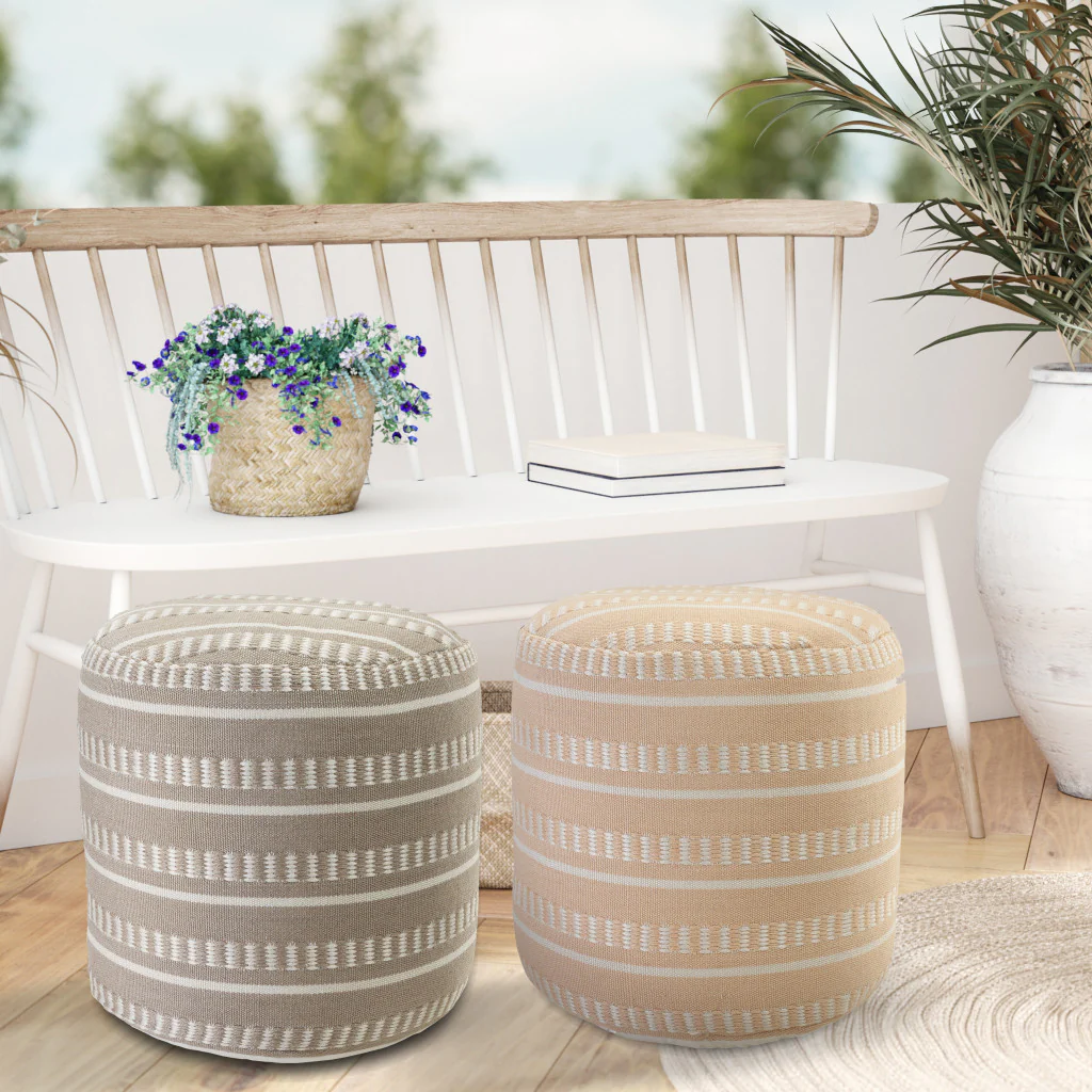 Orange Polyester Round Striped Indoor Outdoor Pouf Ottoman By Homeroots - Image 7