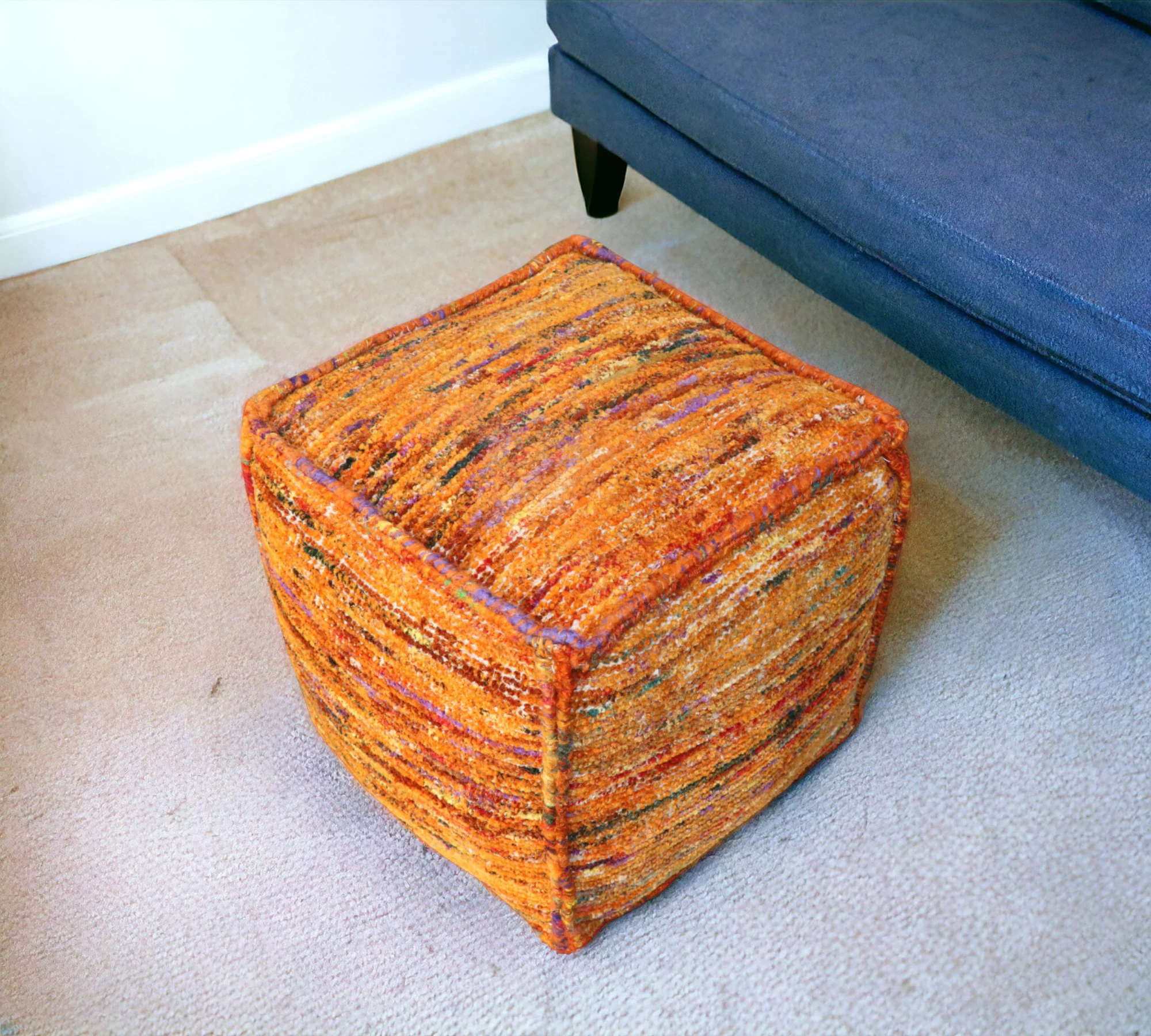Orange Recycled Silk and Cotton Blend Cube Pouf Ottoman By Homeroots