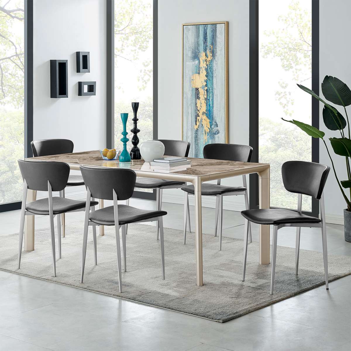 Otello and Tori Black Fabric 7 Piece Rectangular Dining Set By Armen Living