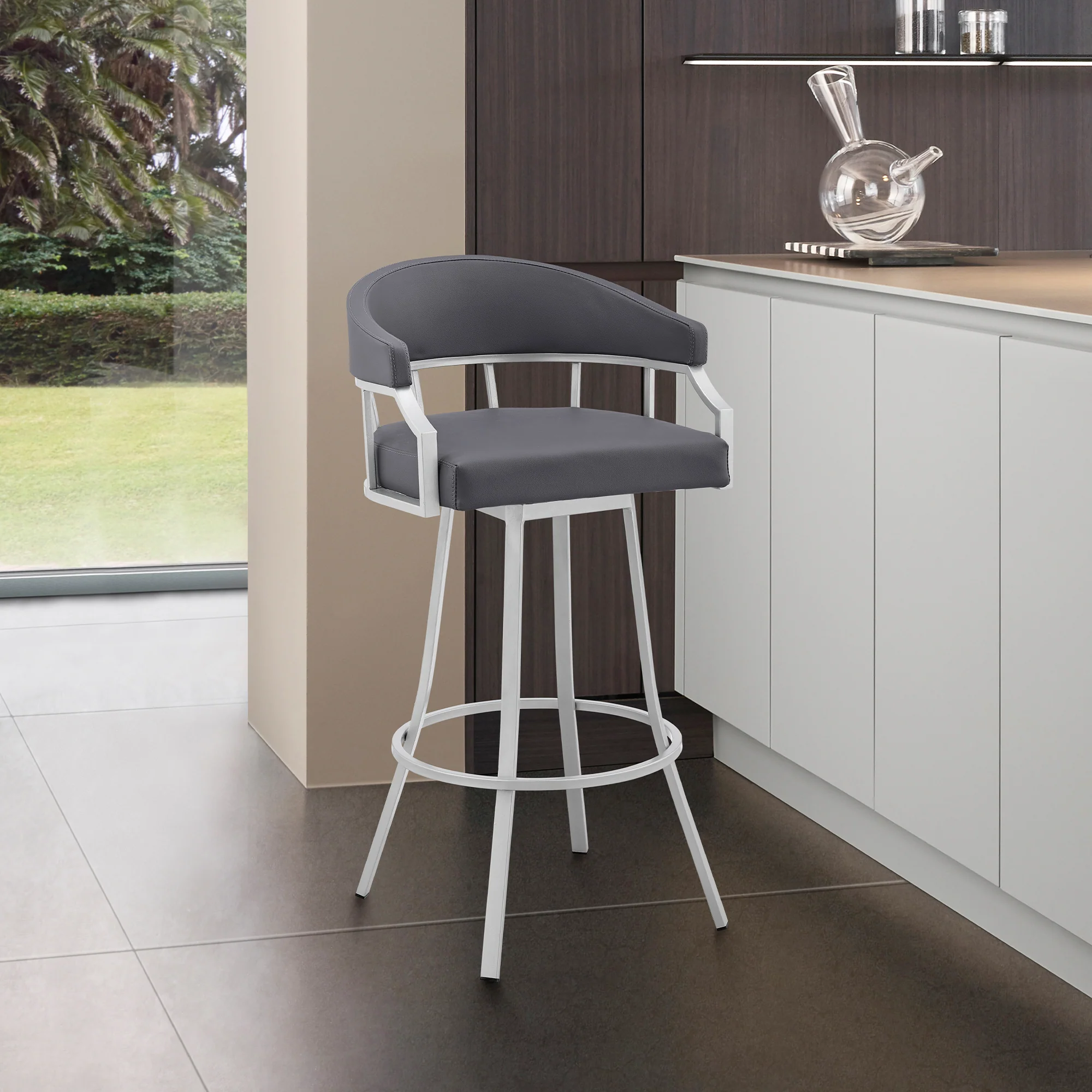 Palmdale 26" Swivel Slate Grey Faux Leather and Silver Metal Bar Stool By Armen Living