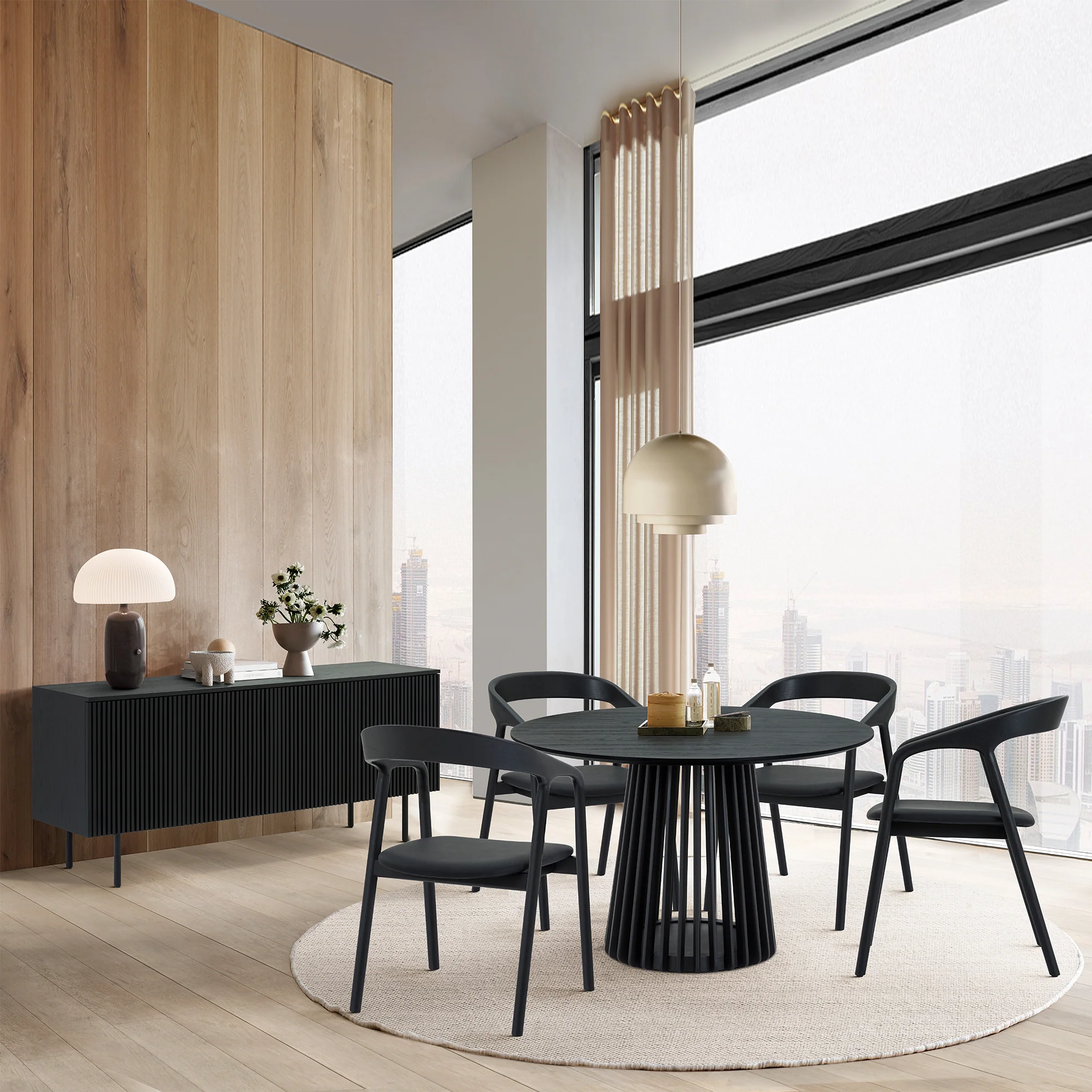 Pasadena Apache 6 Piece Round Dining Set with Buffet in Black Oak Finish with Faux Leather By Armen Living