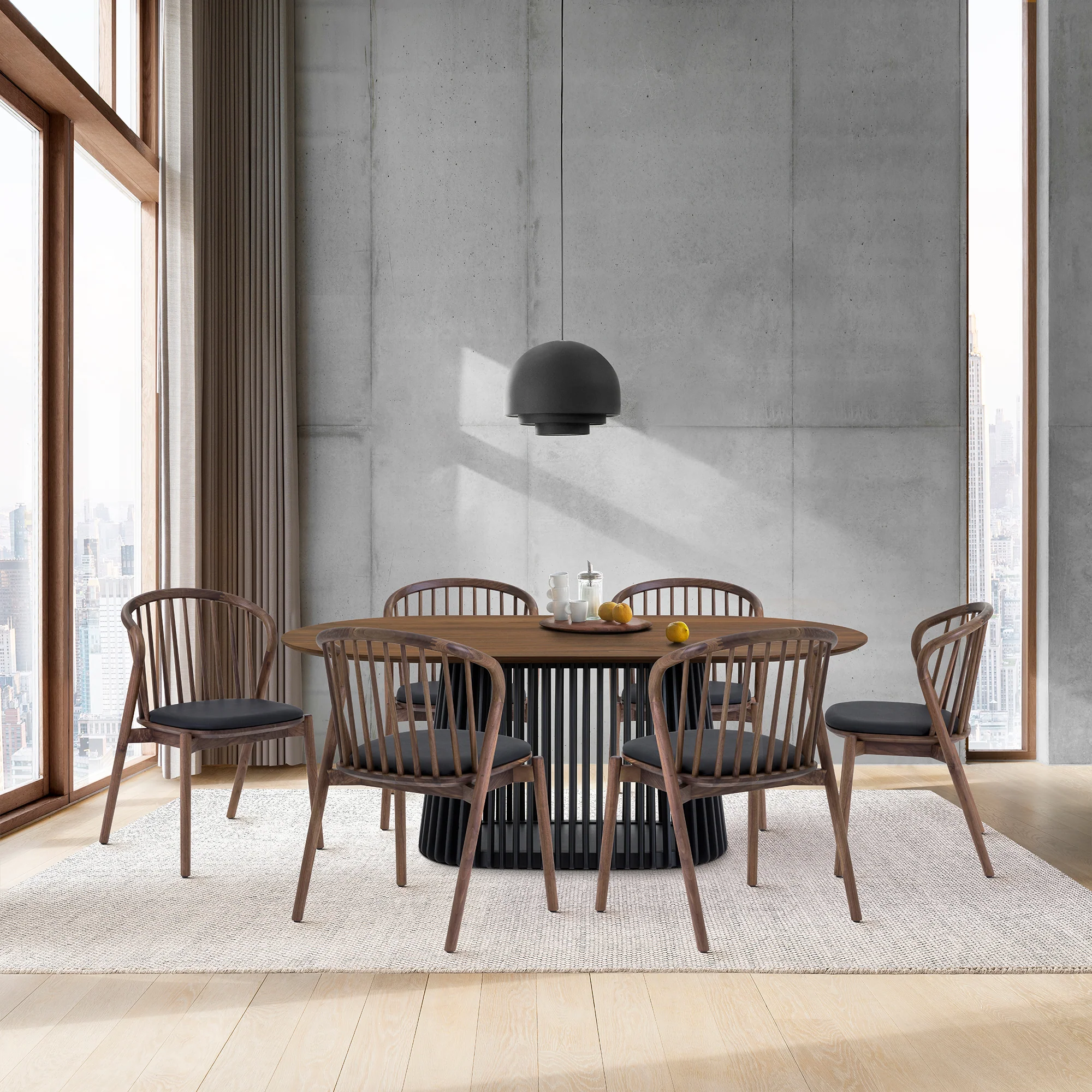 Pasadena Echo 7 Piece Oval Dining Set with Walnut and Black Finish Table and Walnut Finish Chairs By Armen Living