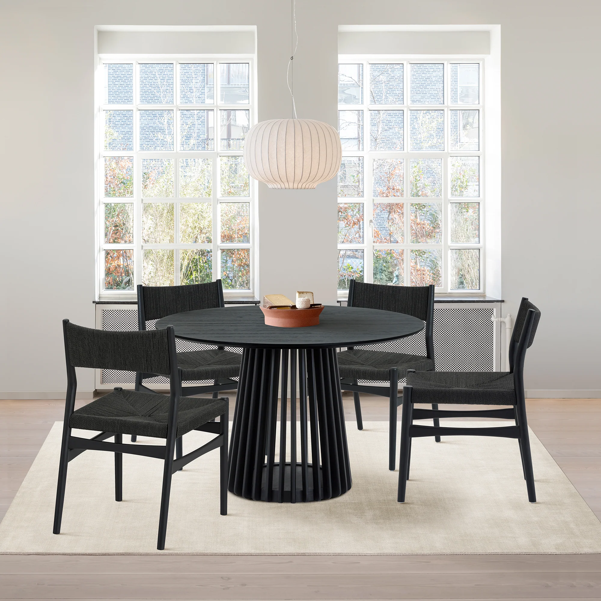 Pasadena Erie 5 Piece Round Dining Set in Black Oak Finish with Paper Cord Chairs By Armen Living